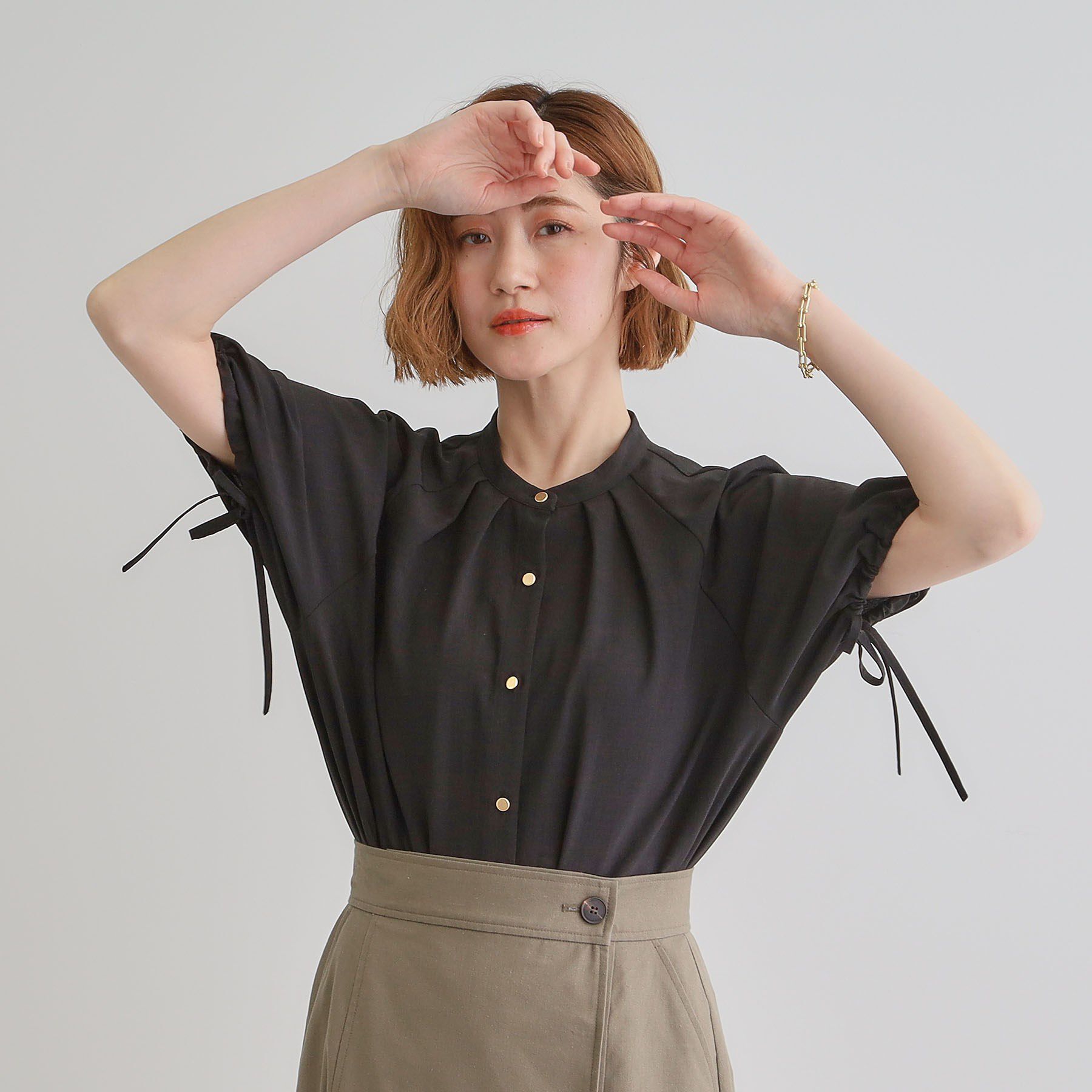 grove「【洗える・シワになりにくい】麻調スリーブドロストブラウス」|シャツ・ブラウス|