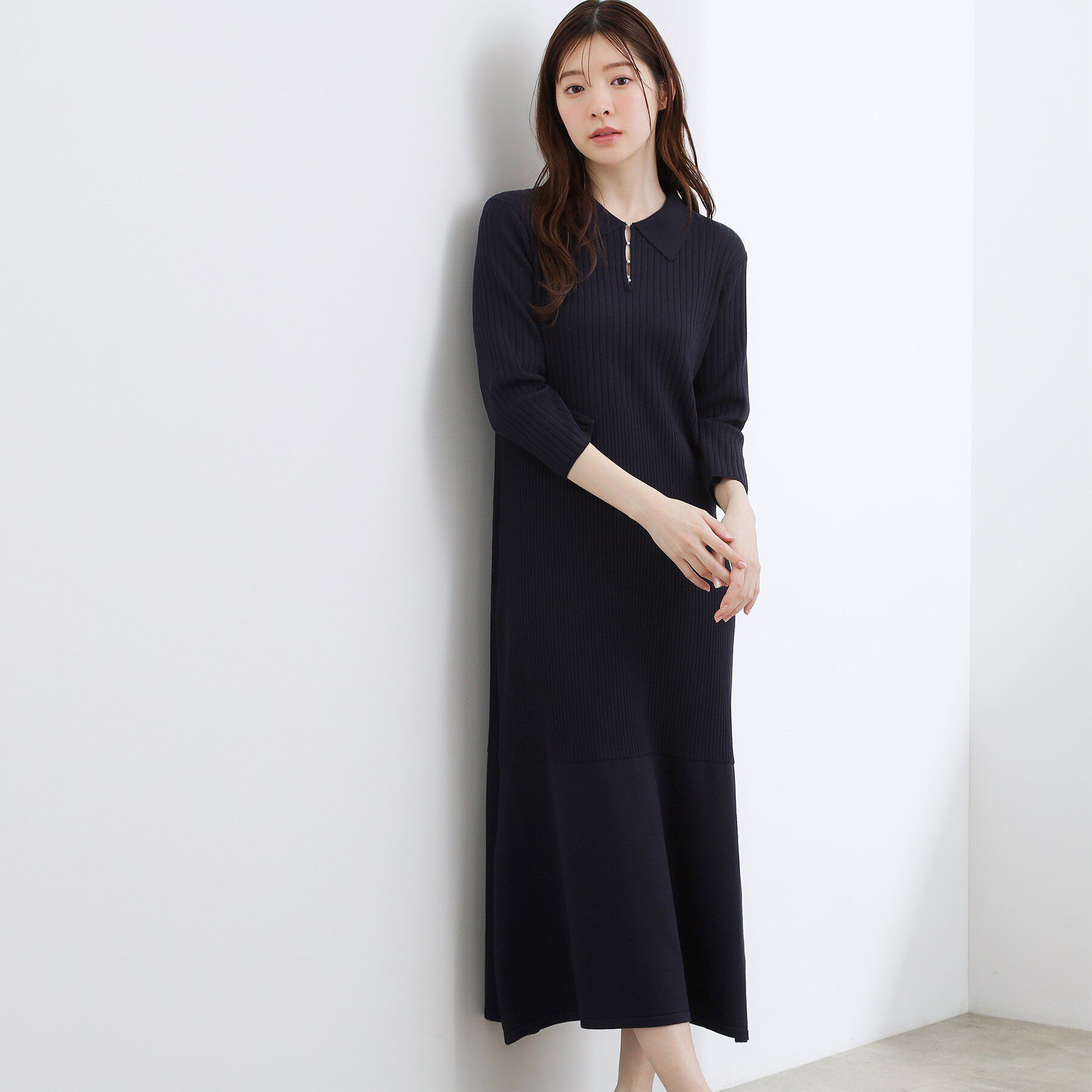 grove「高評価！【洗える】大人の上品ポロニットワンピース」|ワンピース|ネイビー(094)