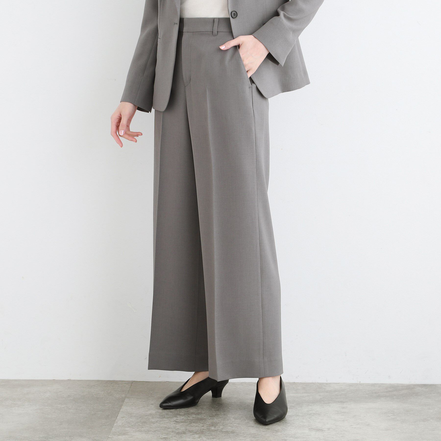 INDIVI「【洗える／UVケア／SETUP可能】ウール調ワイドパンツ」|スーツ|グレー(012)