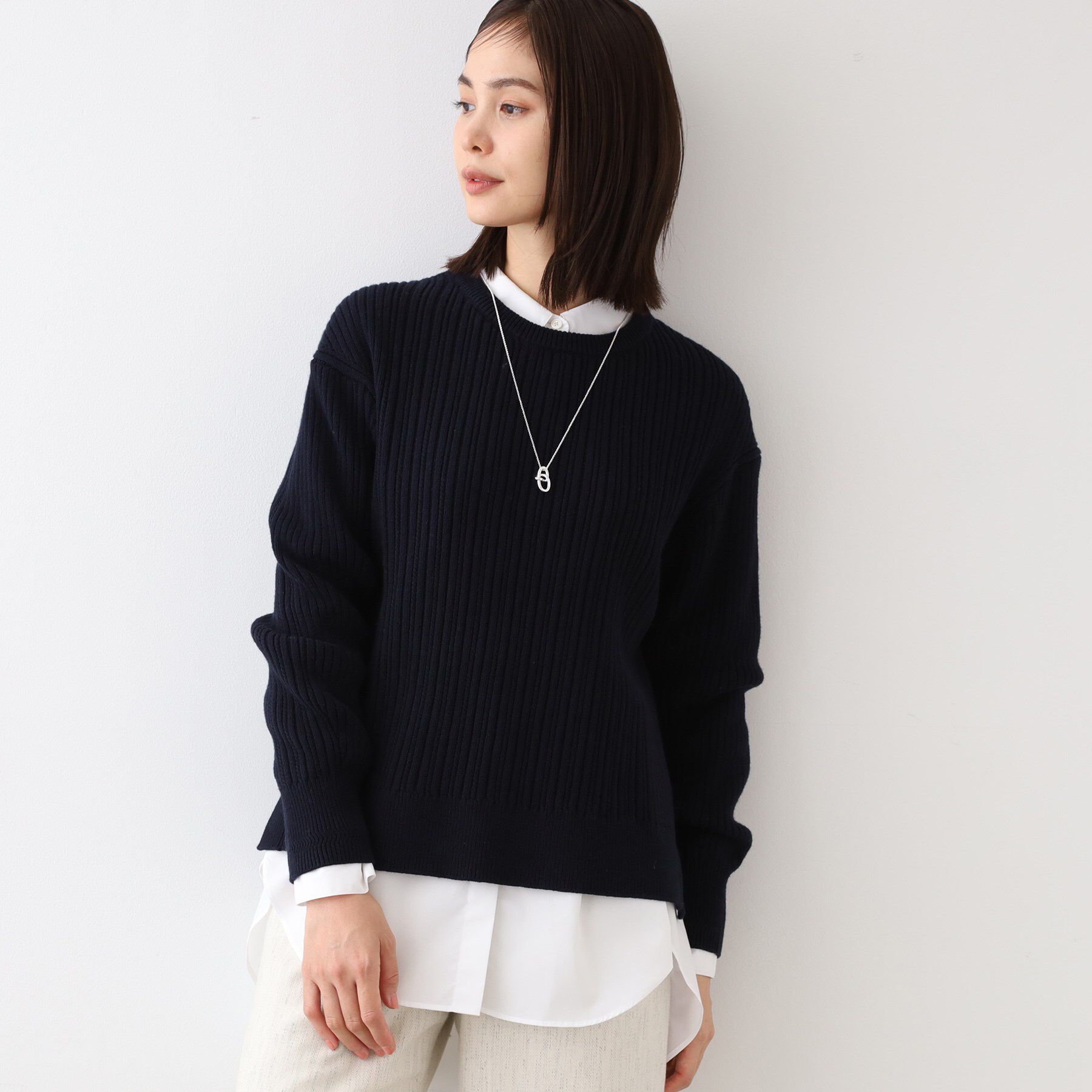 INDIVI「【コットン混／洗える】ミニケーブル柄ニット」|ニット・セーター|ネイビー(094)
