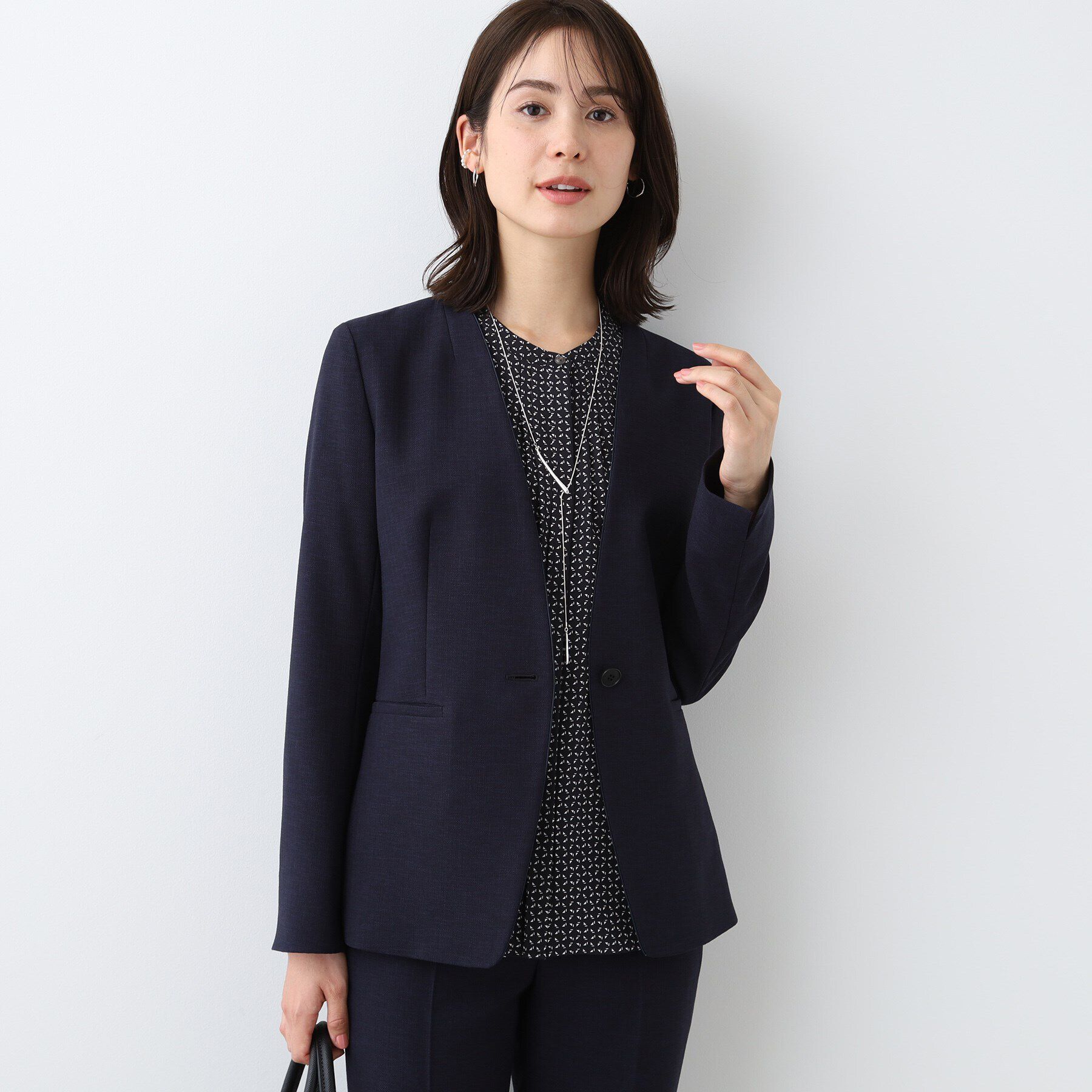 INDIVI「【洗える／スーツ】ノーカラージャケット」|スーツ|ネイビー(094)