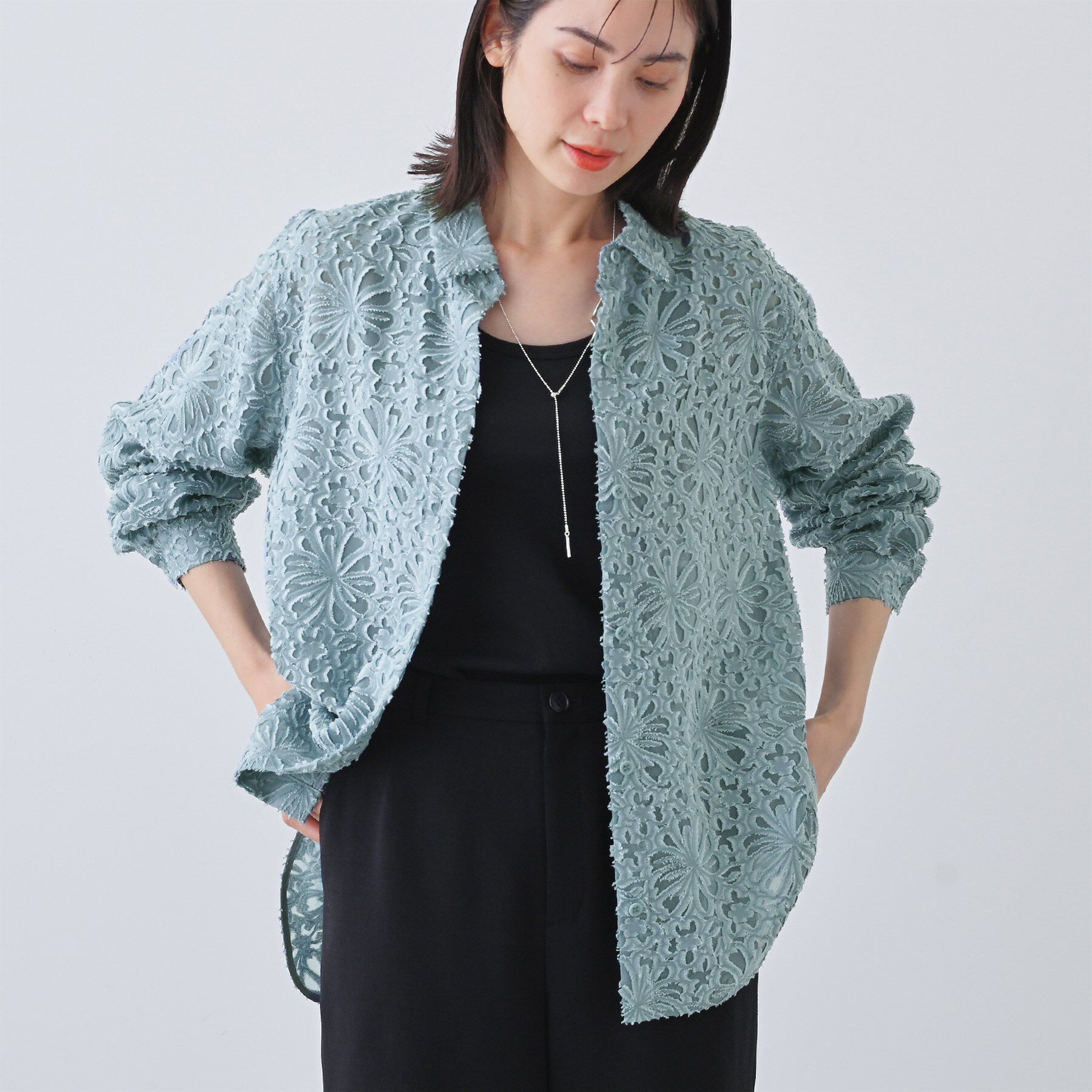 INDIVI「【日本製／SETUP可能】ジャカードレースブラウス」|シャツ・ブラウス|ブルー(091)