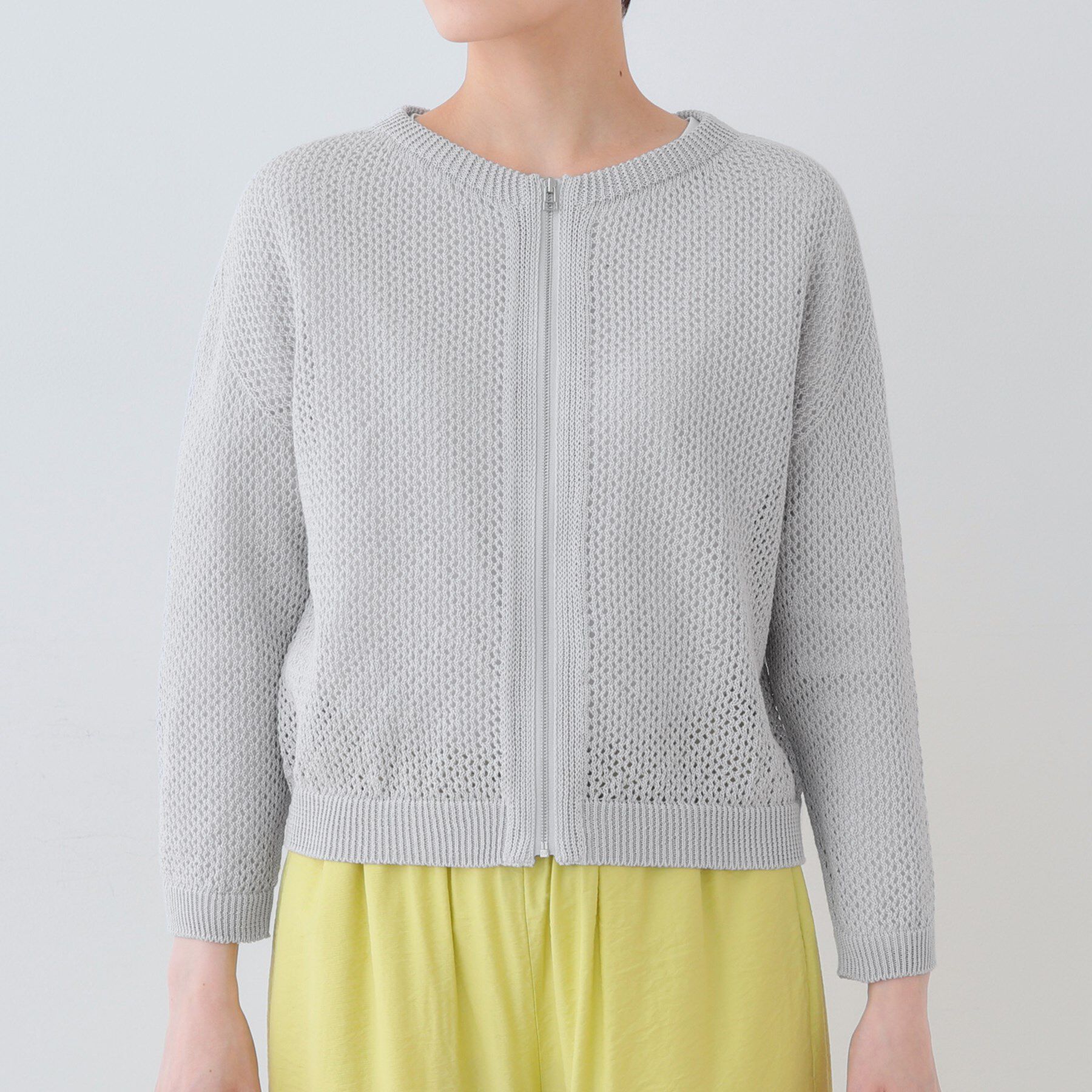 INDIVI「【洗える／コットン100％】メッシュ柄ニットブルゾン」|カーディガン|