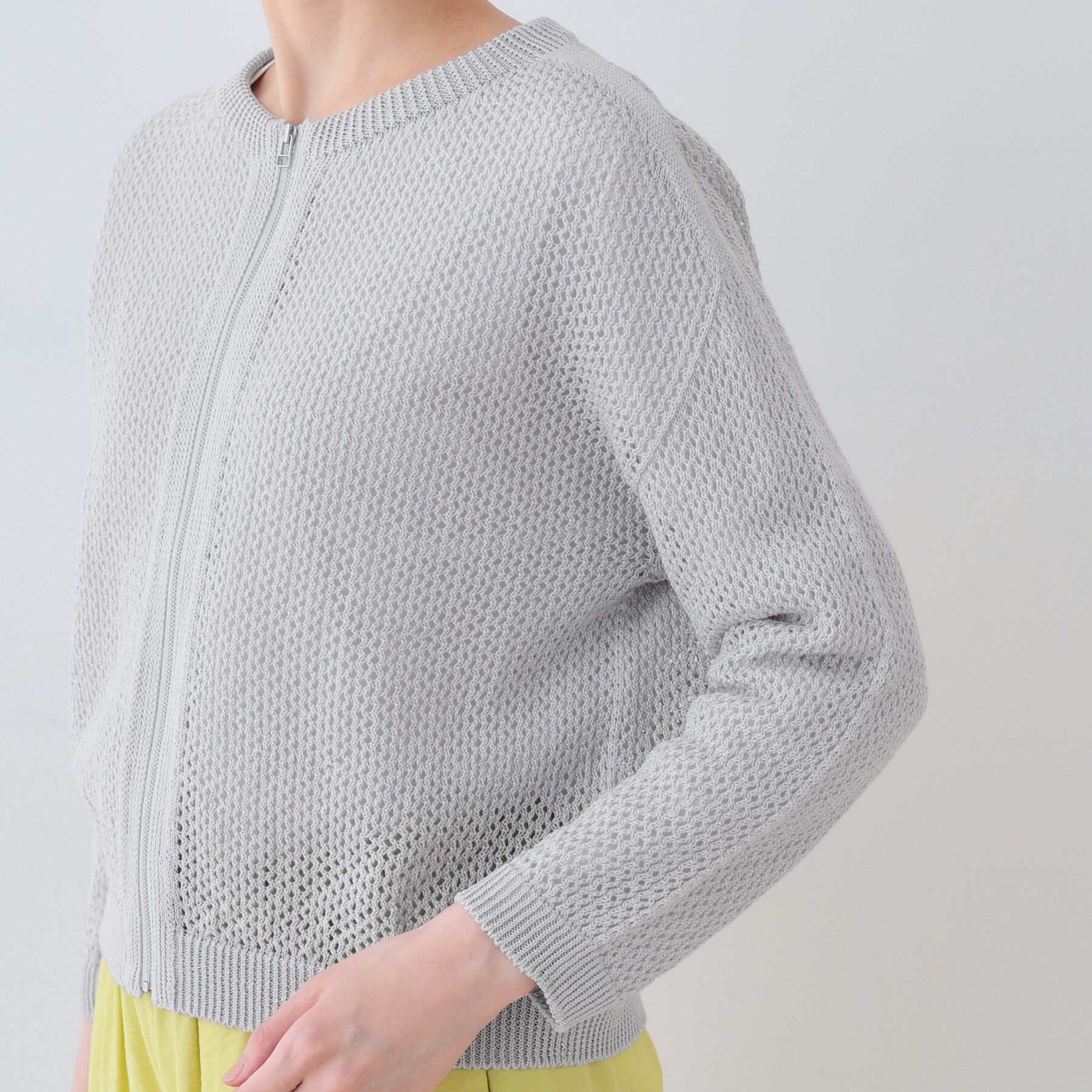 INDIVI「【洗える／コットン100％】メッシュ柄ニットブルゾン」|カーディガン|