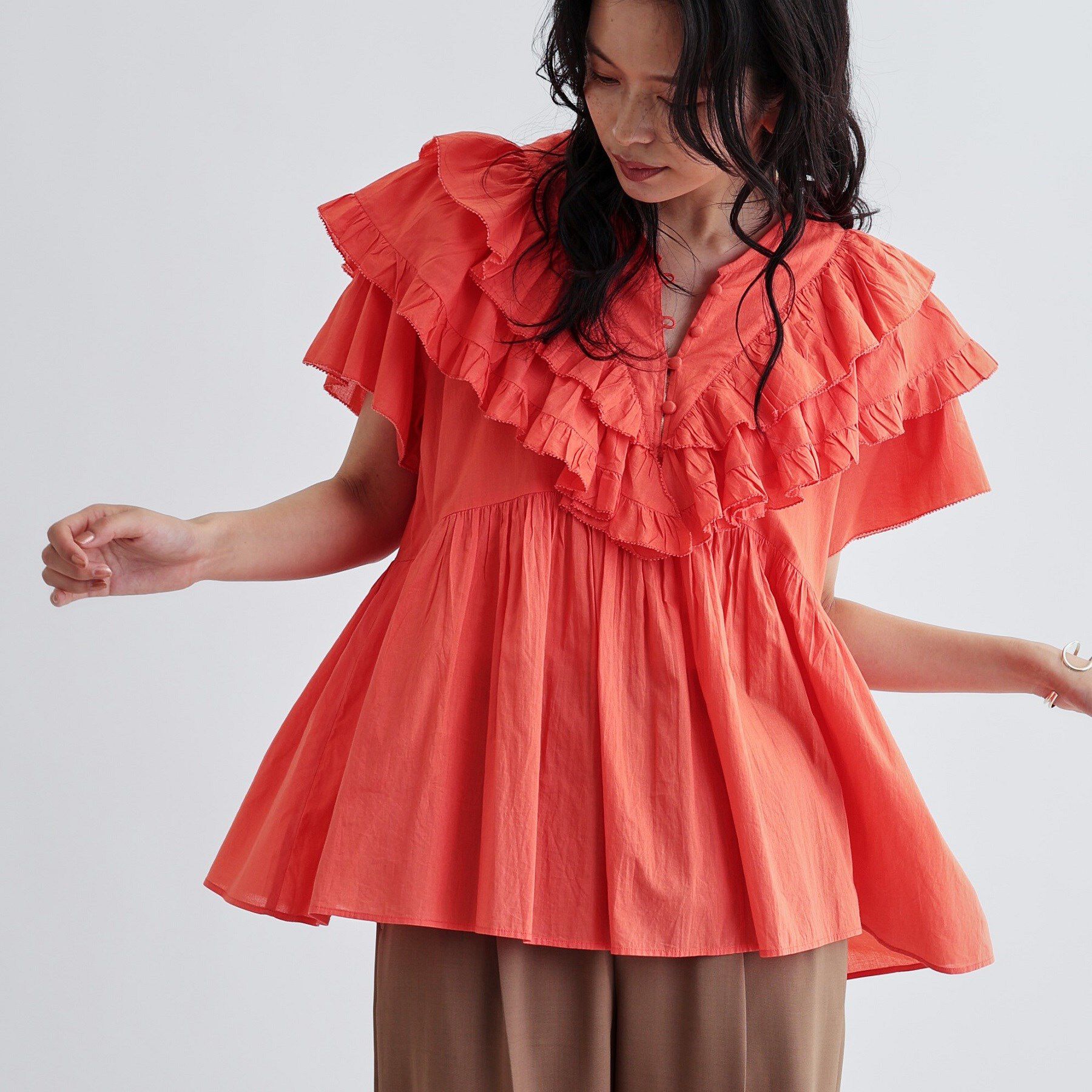 GALLEST「フリルレイヤードコットンブラウス」|シャツ・ブラウス|オレンジ(067)