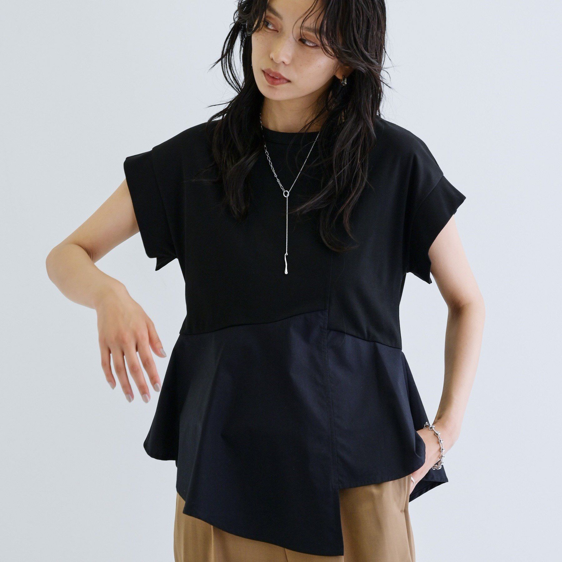 GALLEST「ペプラムスムースカットソー」|Tシャツ・カットソー|ブラック(019)