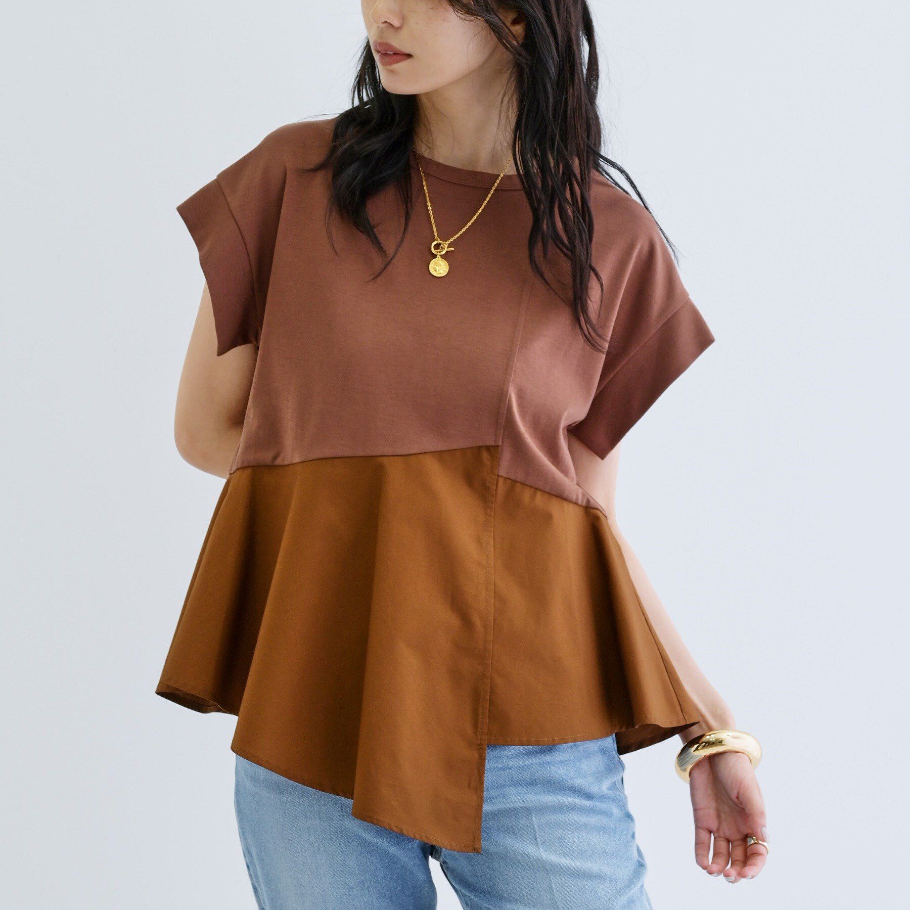 GALLEST「ペプラムスムースカットソー」|Tシャツ・カットソー|ブラウン(043)