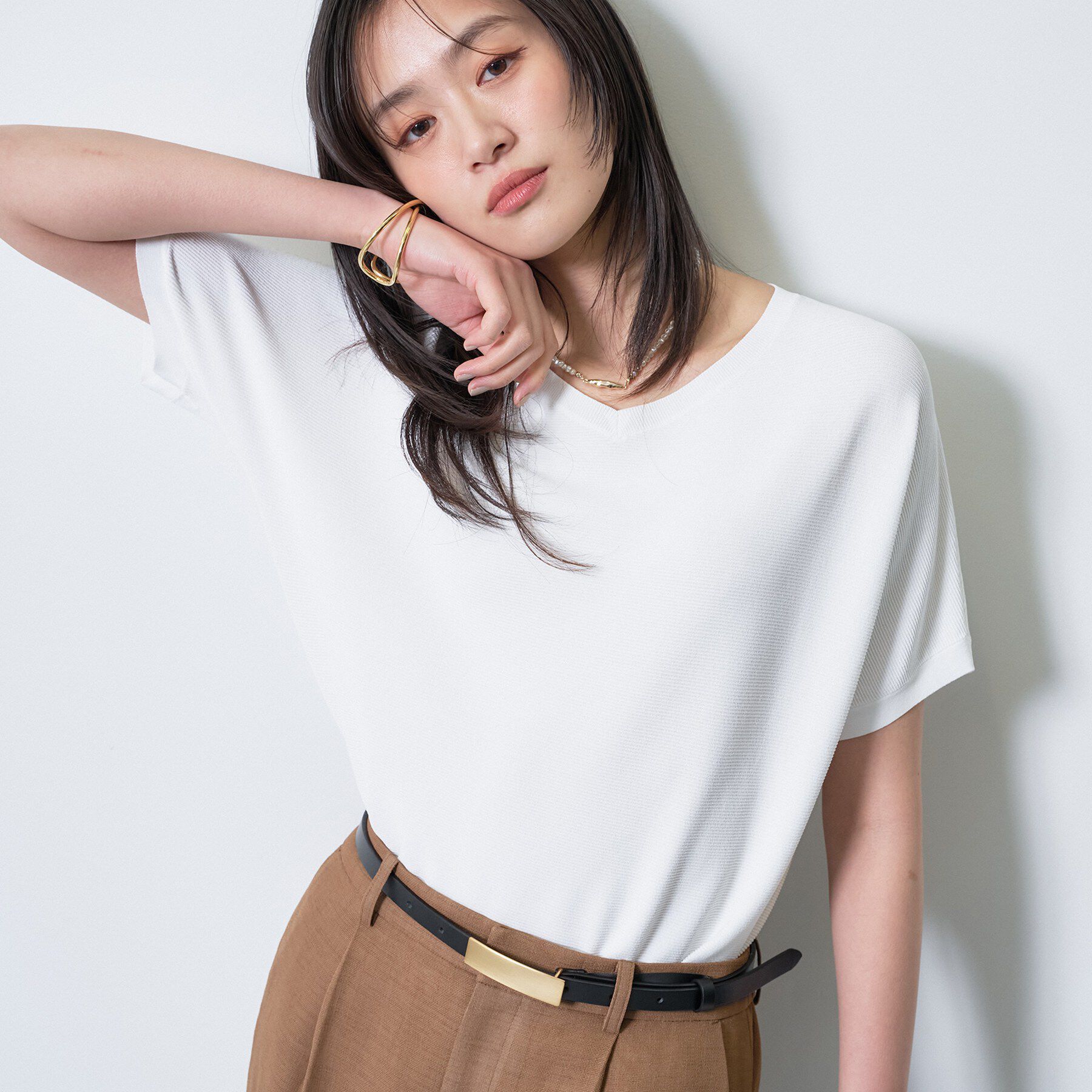 INDIVI「【洗える】ガーター編みVネックニットT」|ニット・セーター|ホワイト(001)