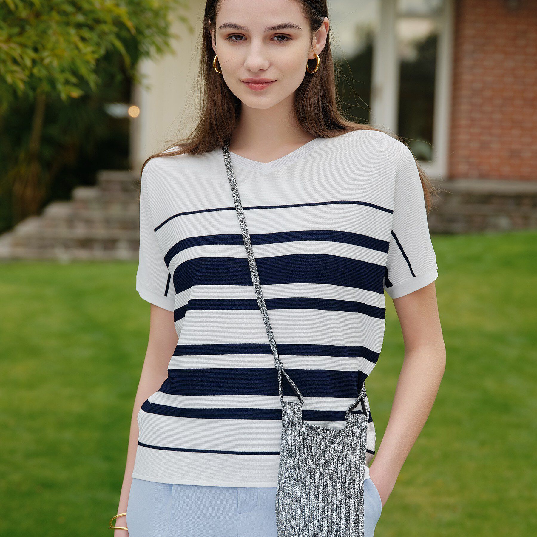 INDIVI「【洗える】ガーター編みVネックニットT」|ニット・セーター|