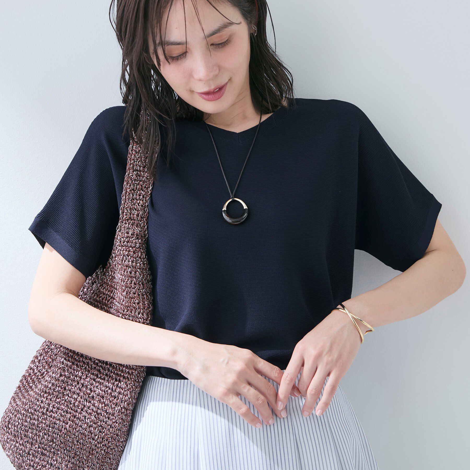 INDIVI「【洗える】ガーター編みVネックニットT」|ニット・セーター|ネイビー(094)