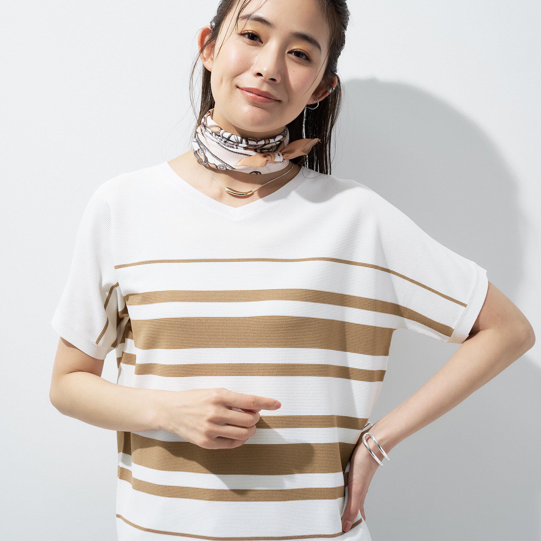 INDIVI「【洗える】ガーター編みVネックニットT」|ニット・セーター|モカブラウン(342