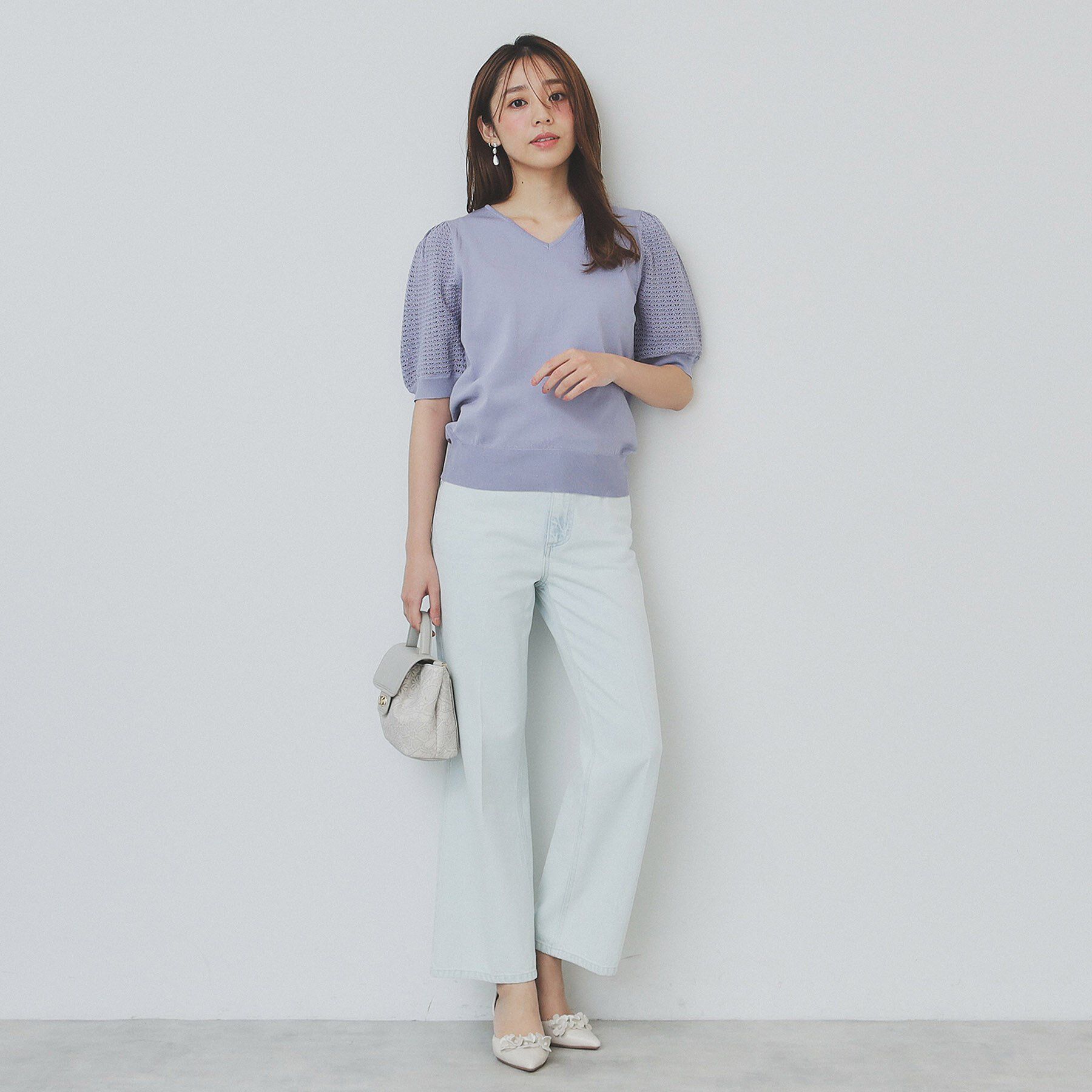 index「《5色展開》柄編みスリーブVネックニット【洗濯機洗い可】」|ニット・セーター|