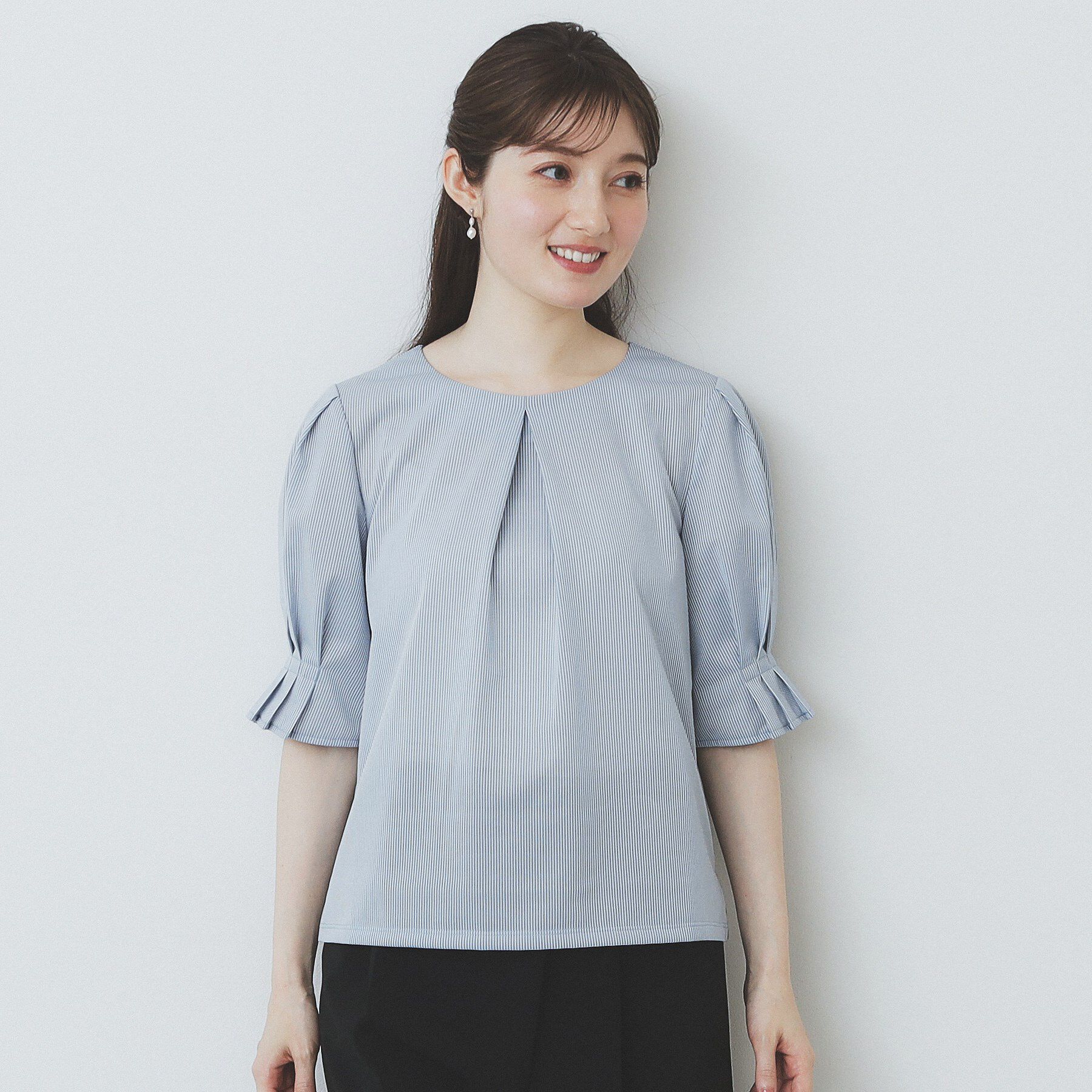 index「ストライプジャージタックスリーブトップス【吸水速乾/洗濯機洗い可】」|Tシャツ・カットソー|