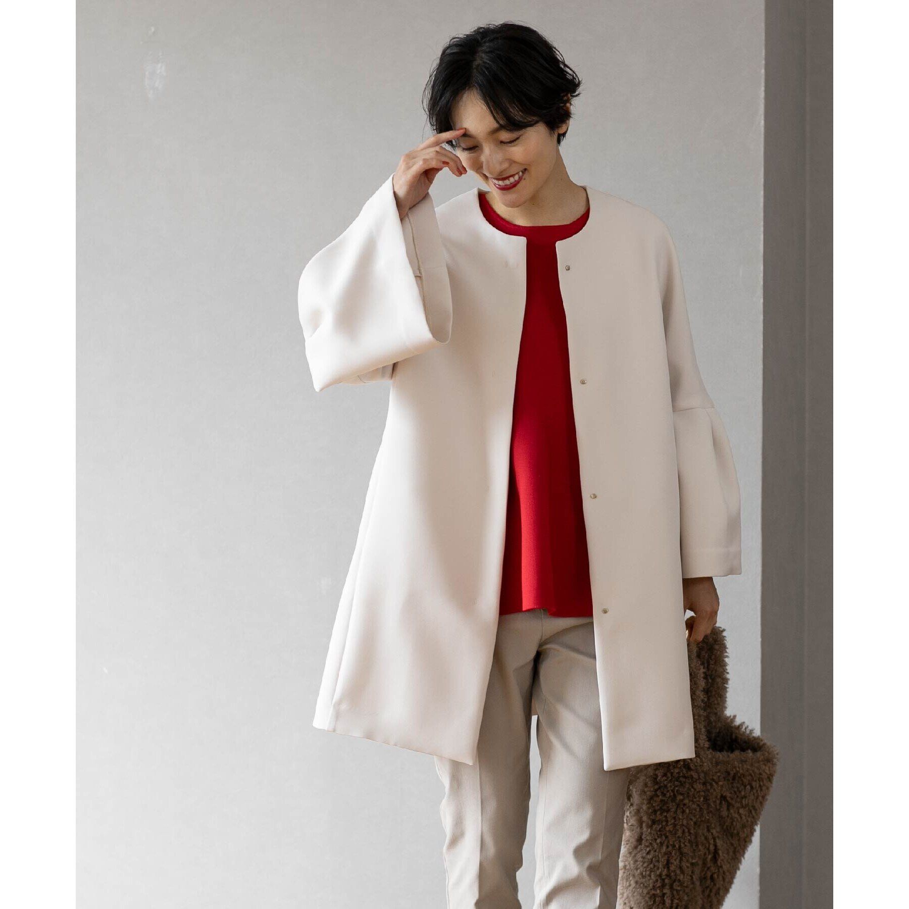 OPAQUE.CLIP「フレアスリーブミドルコート【洗える】」|ノーカラーコート|