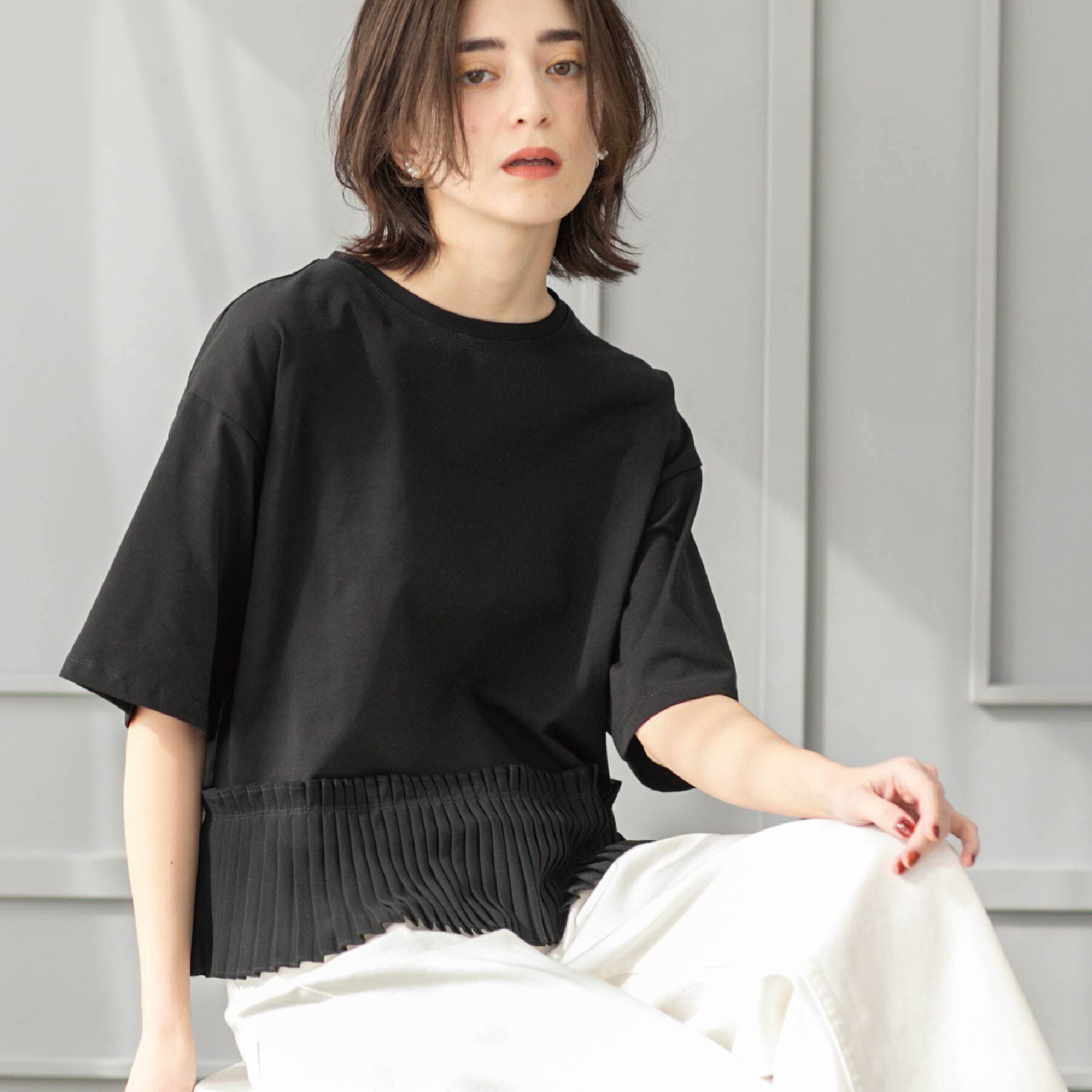 OPAQUE.CLIP「プリーツデザインドッキングトップス【洗濯機洗い可】」|Tシャツ・カットソー|