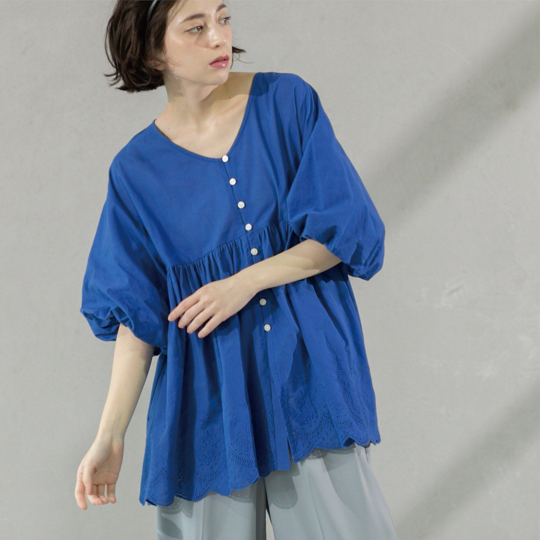 OPAQUE.CLIP「バルーン袖スカラップ刺繍レースチュニック」|シャツ・ブラウス|