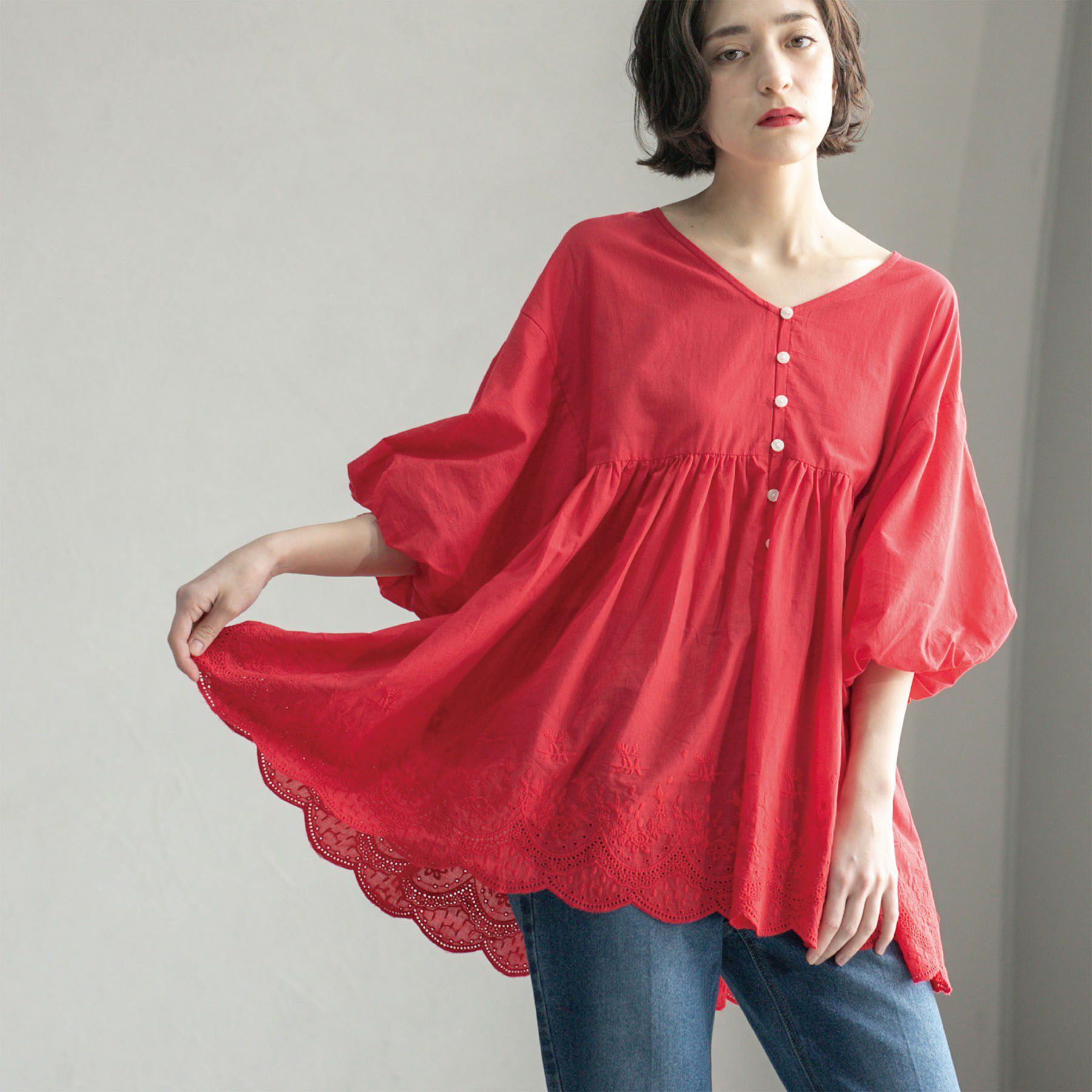 OPAQUE.CLIP「バルーン袖スカラップ刺繍レースチュニック」|シャツ・ブラウス|