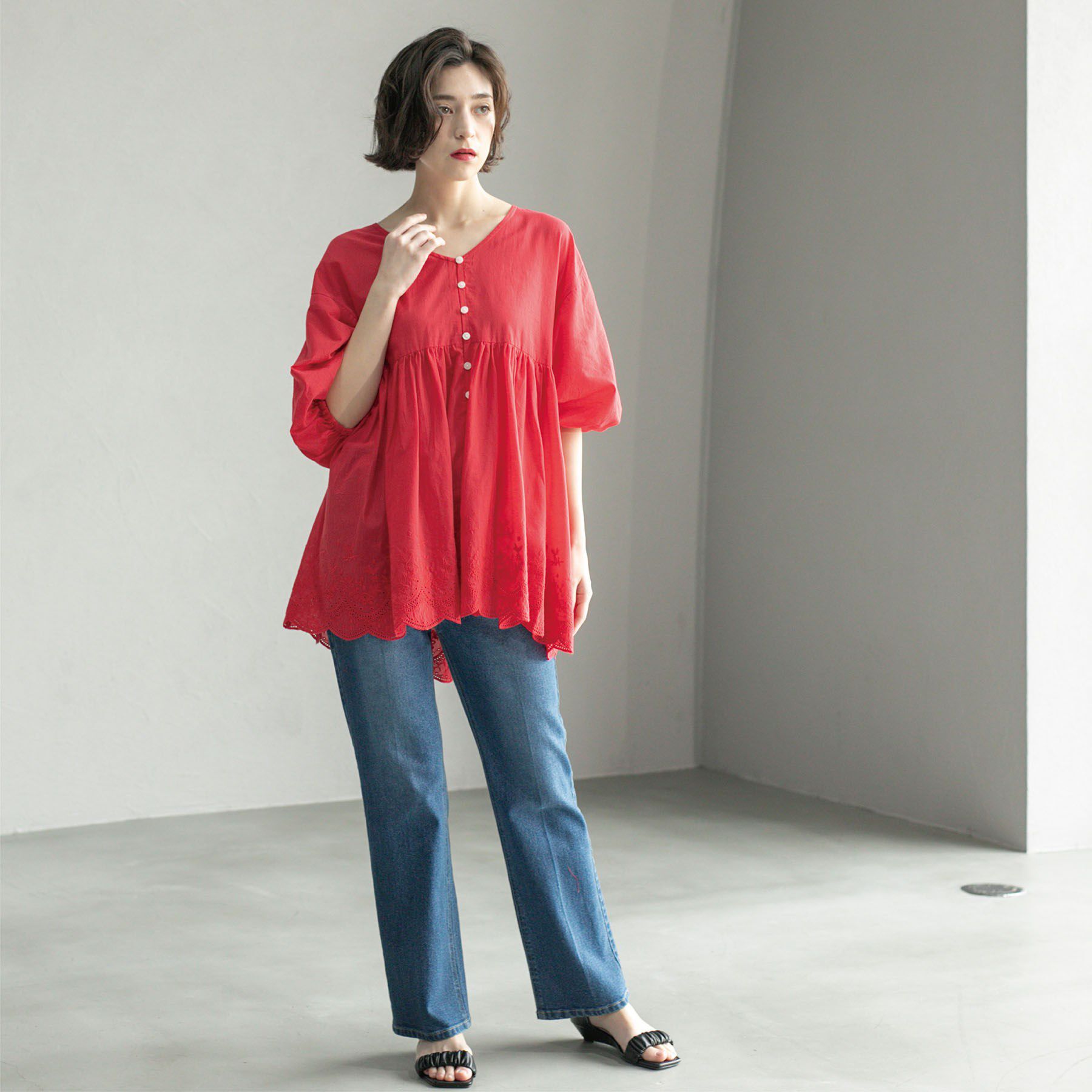 OPAQUE.CLIP「バルーン袖スカラップ刺繍レースチュニック」|シャツ・ブラウス|