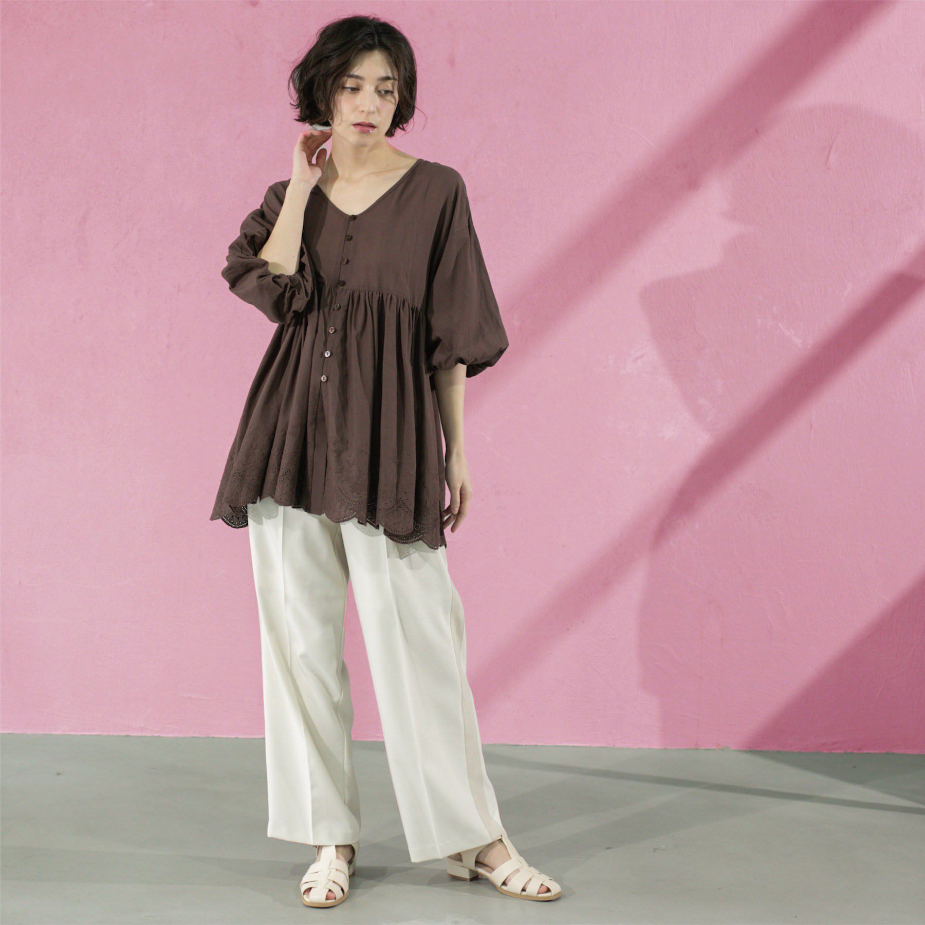 OPAQUE.CLIP「バルーン袖スカラップ刺繍レースチュニック」|シャツ・ブラウス|