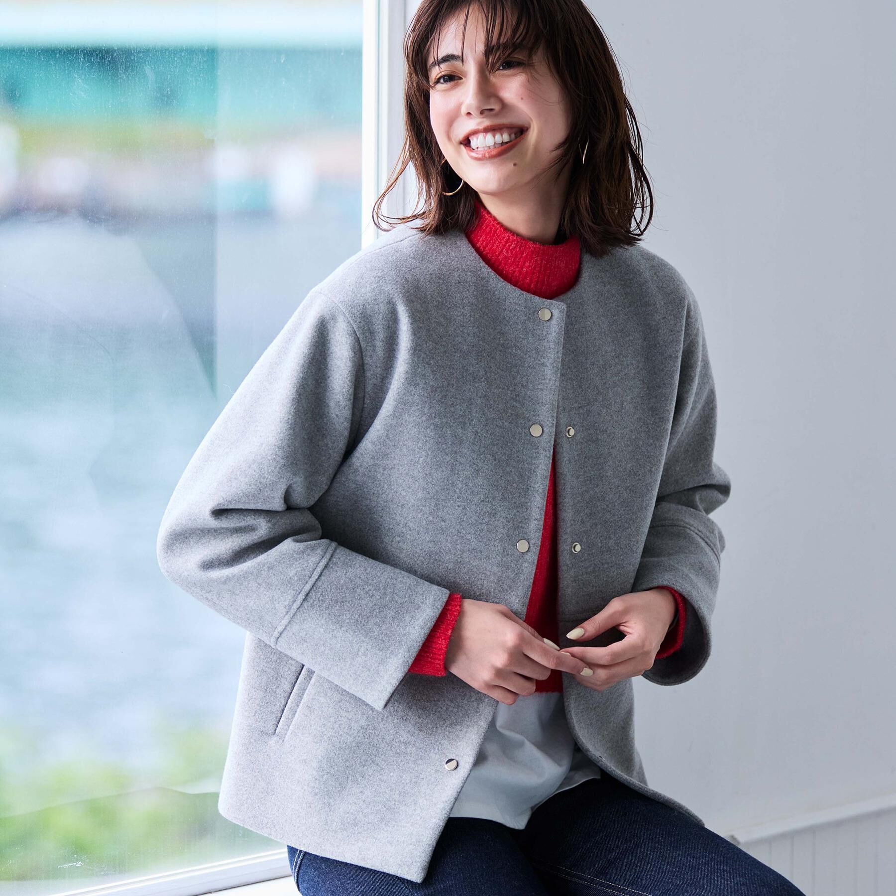 OPAQUE.CLIP「ウールライクメルトンノーカラーコート【洗濯機洗い可】」|ノーカラーコート|