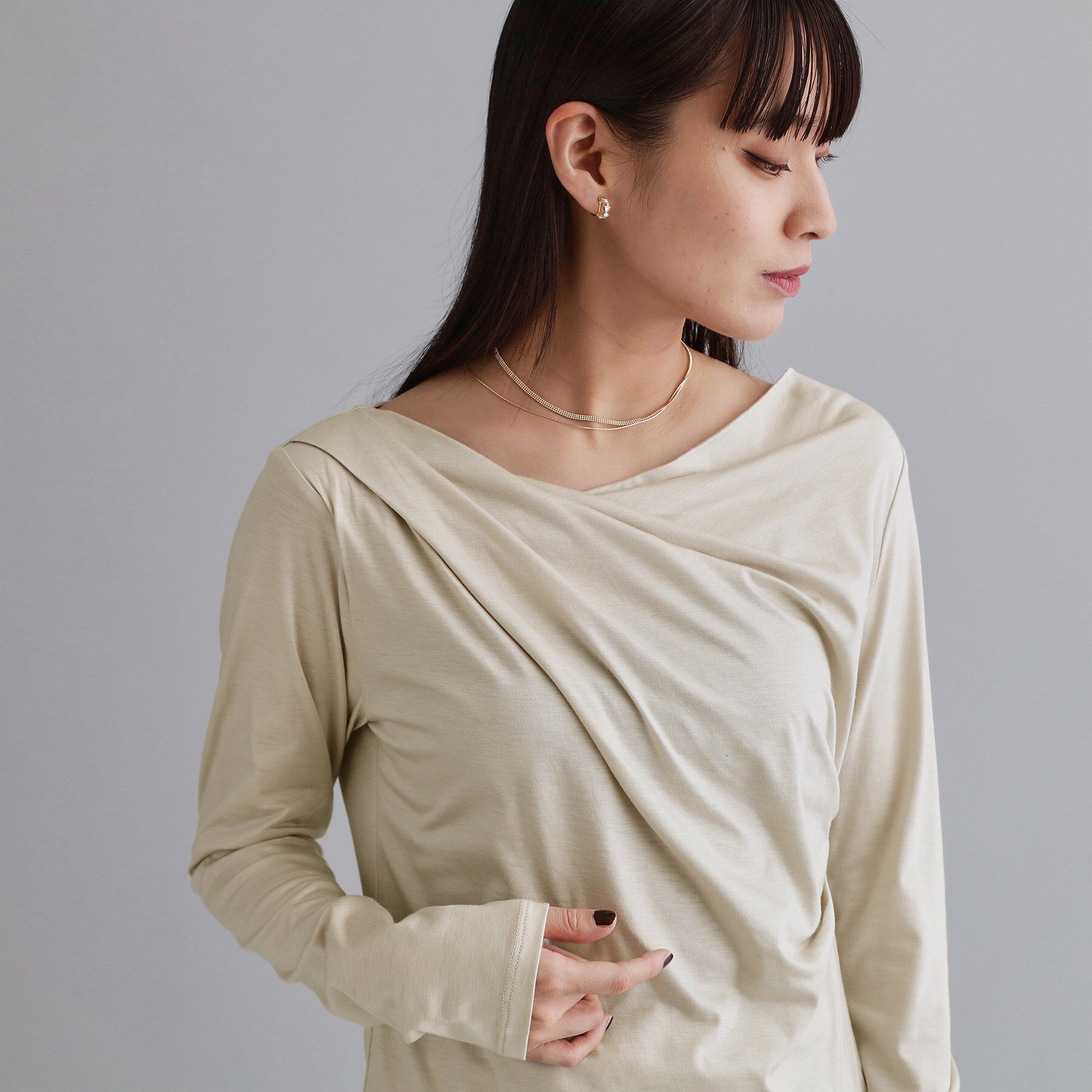 OPAQUE.CLIP「【es】アシメドレープカットソー【洗濯機OK】」|Tシャツ・カットソー|ライトベージュ(05