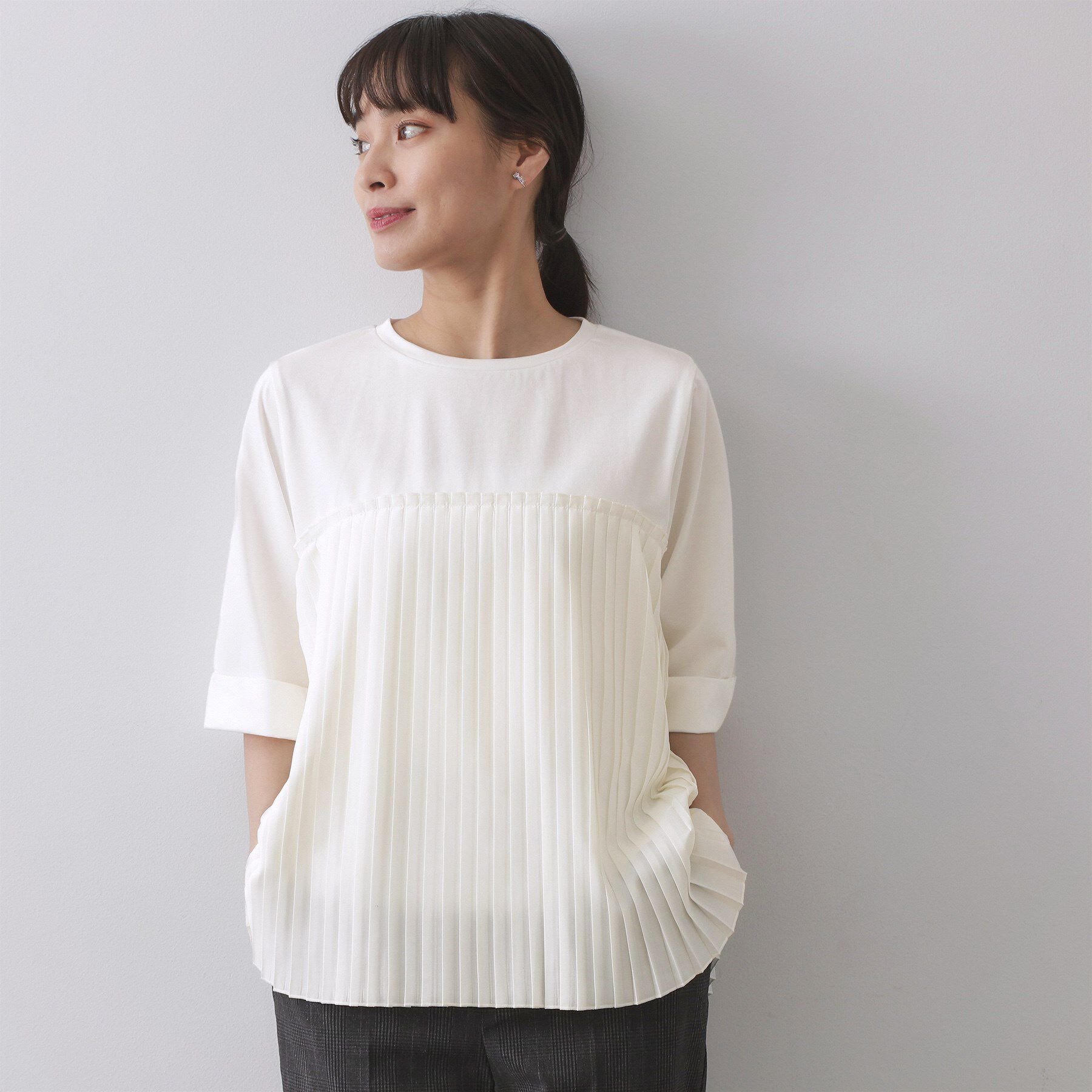 OPAQUE.CLIP「プリーツドッキングカットソー【洗濯機OK】」|Tシャツ・カットソー|ホワイト(001)