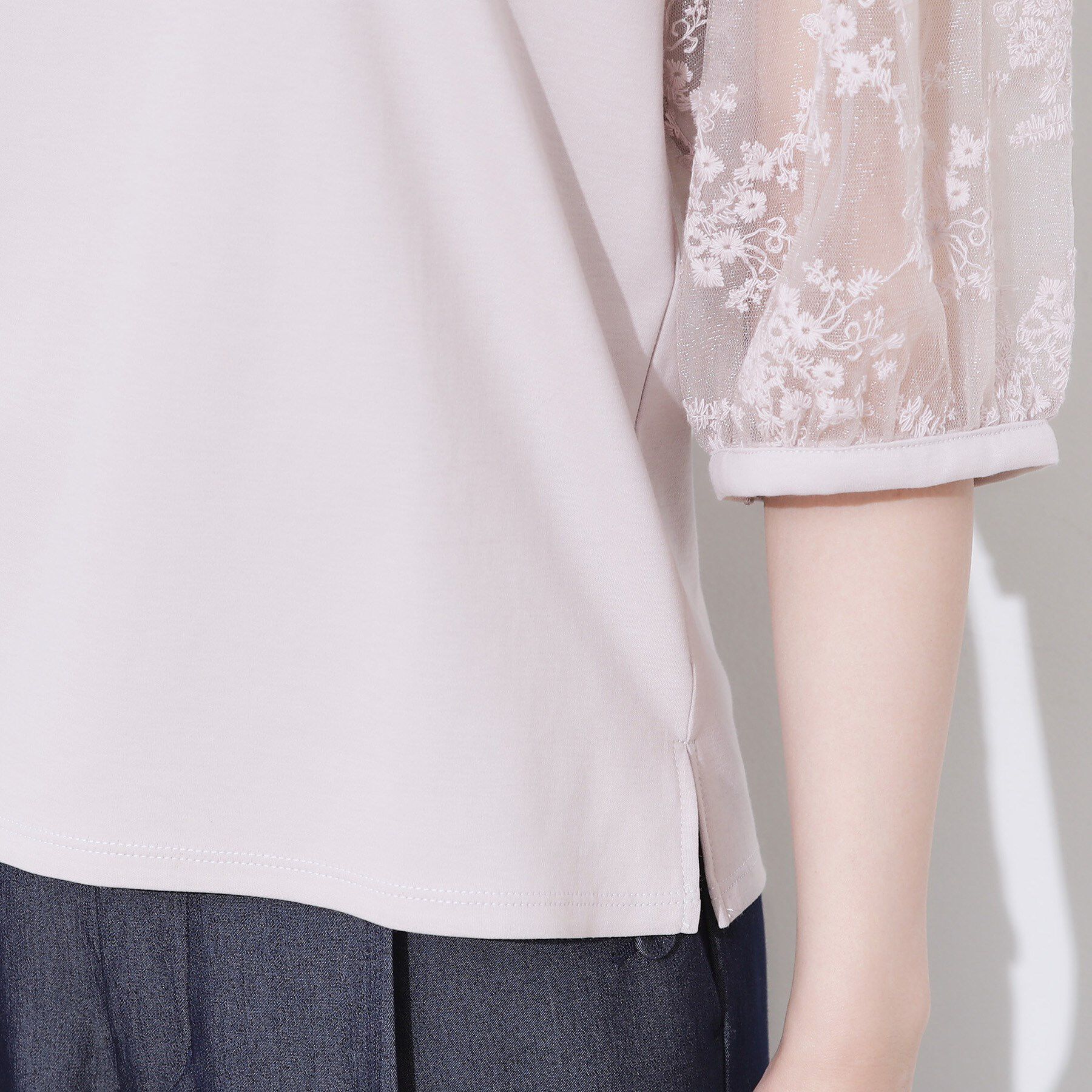 Couture broach「【接触冷感・UV・マシンウォッシャブル】袖レースデザイントップス」|Tシャツ・カットソー|