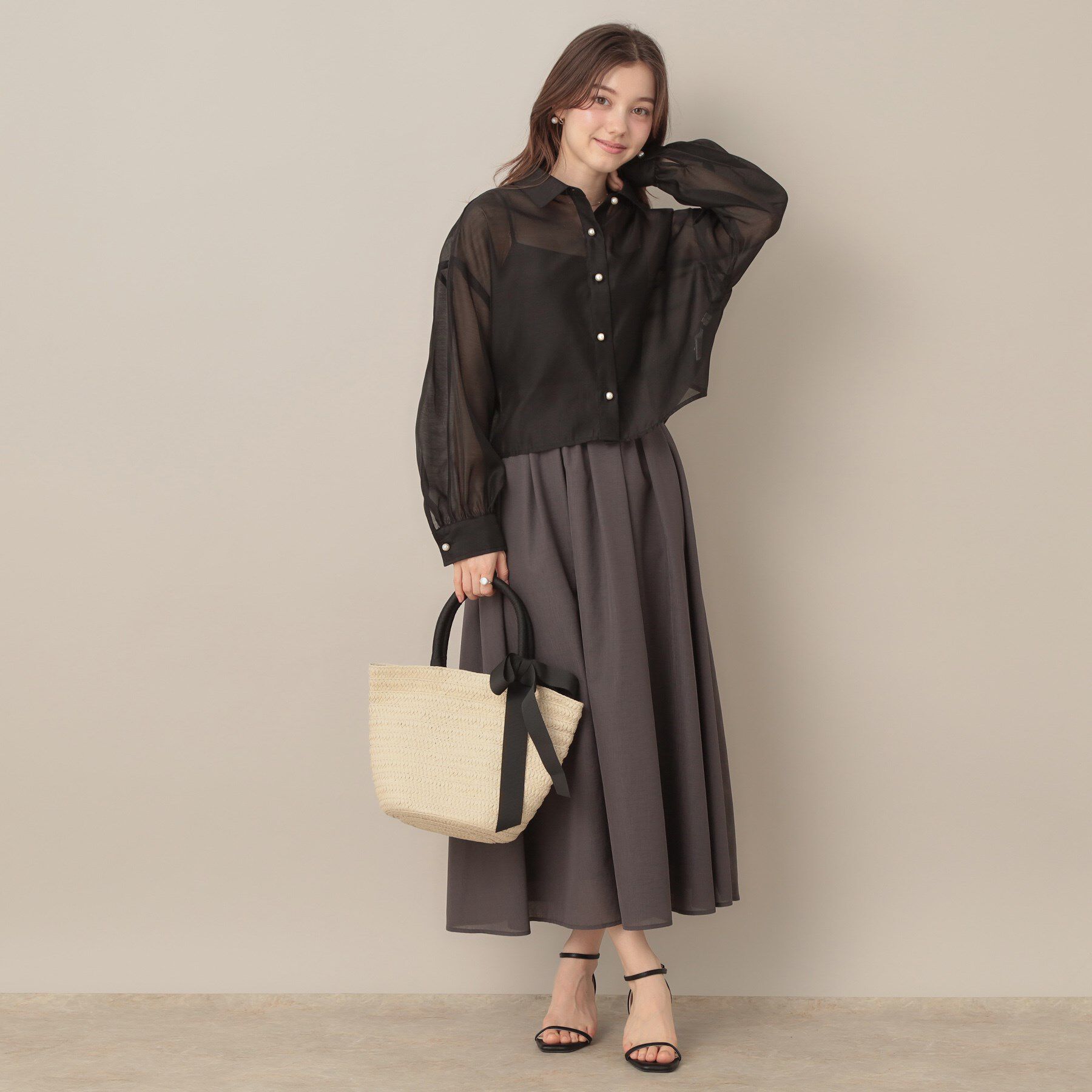 Couture broach「【洗える・秋まで使える】パール調ボタンシアーシャツ」|シャツ・ブラウス|