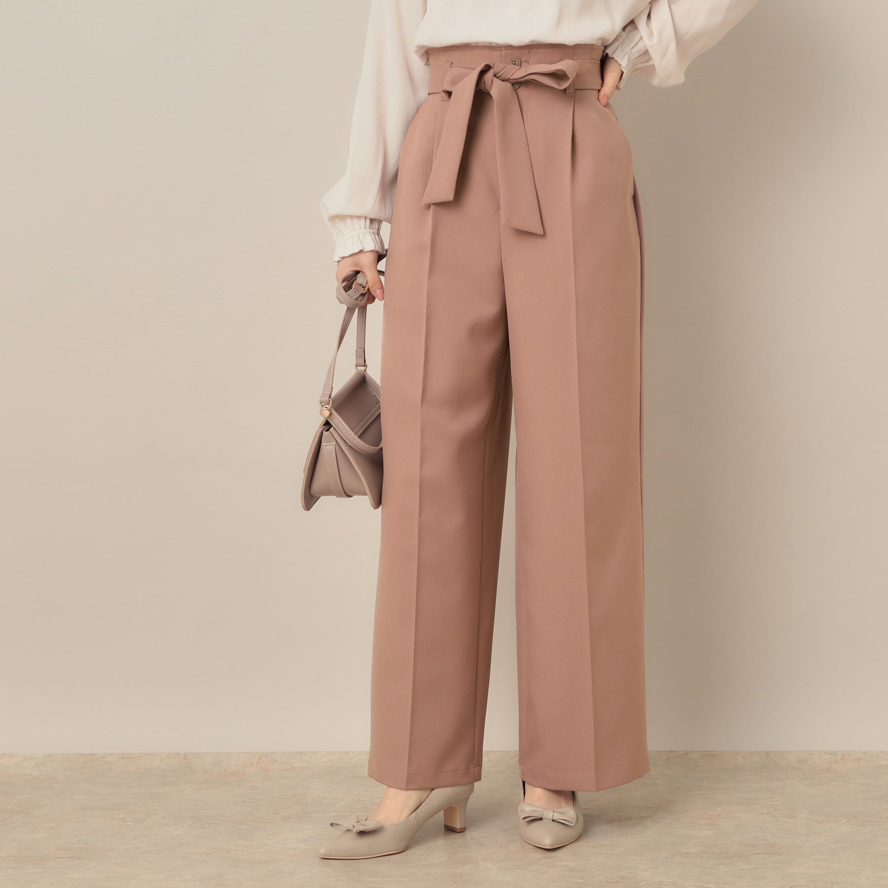 Couture broach「【帯電防止・通勤】ウエストリボン サスペンダー付きワイドパンツ」|その他|ピンク(071)