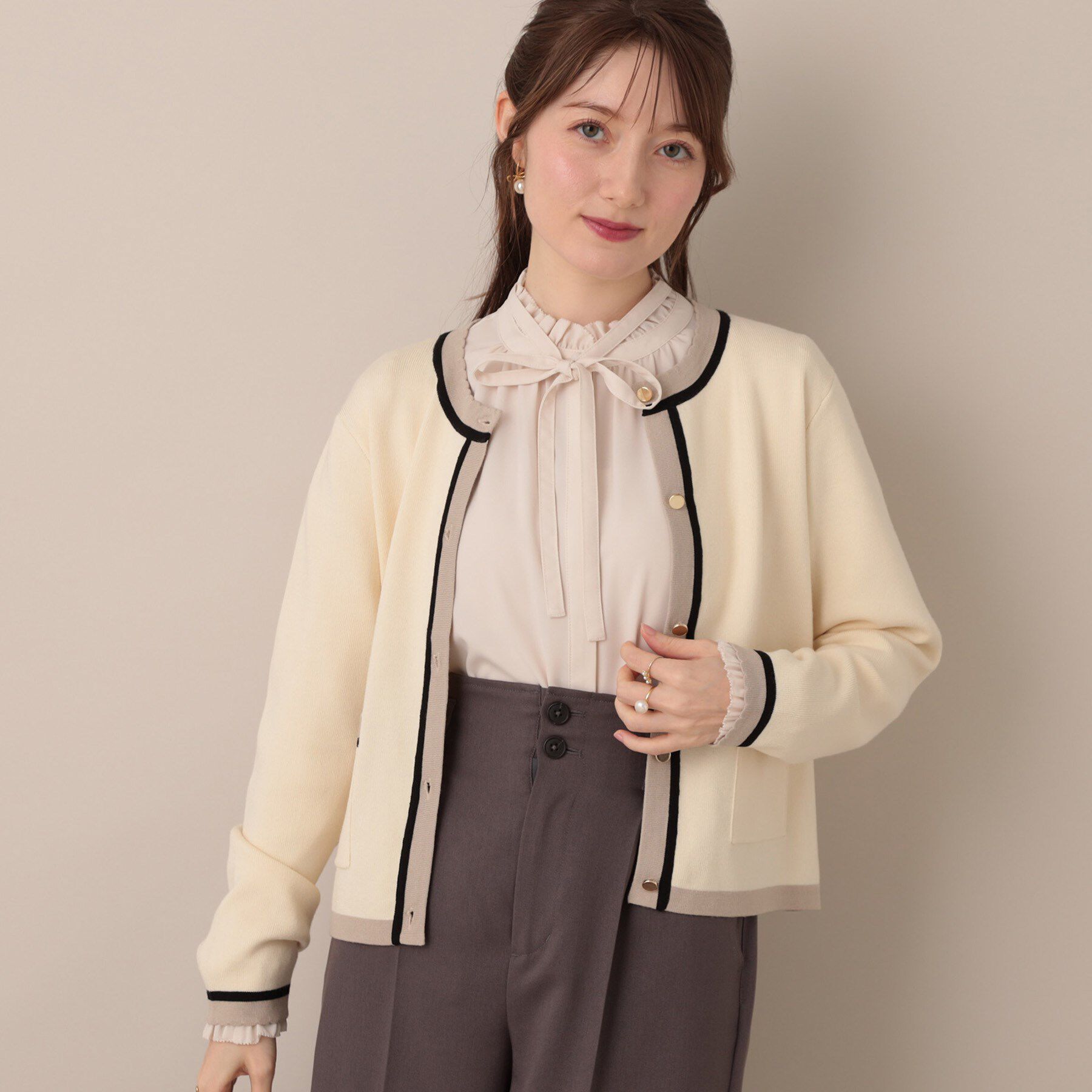 Couture broach「【高見え・通勤・大人可愛い】配色総針スカラカーディガン」|カーディガン|