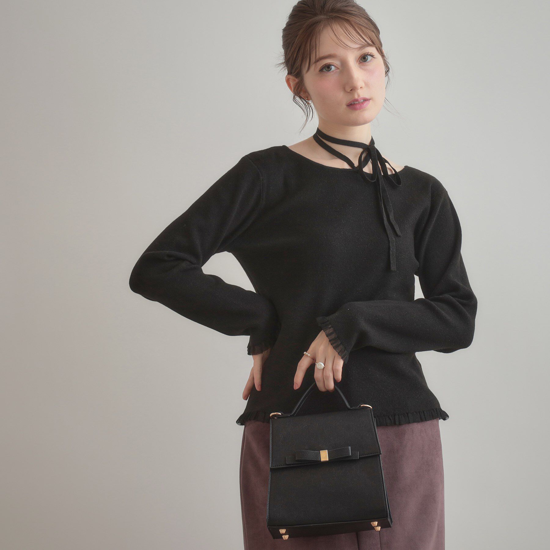 Couture broach「【大人可愛い・リボン取り外し可】前後2WAYラメリブ シアープチフリルニット」|ニット・セーター|