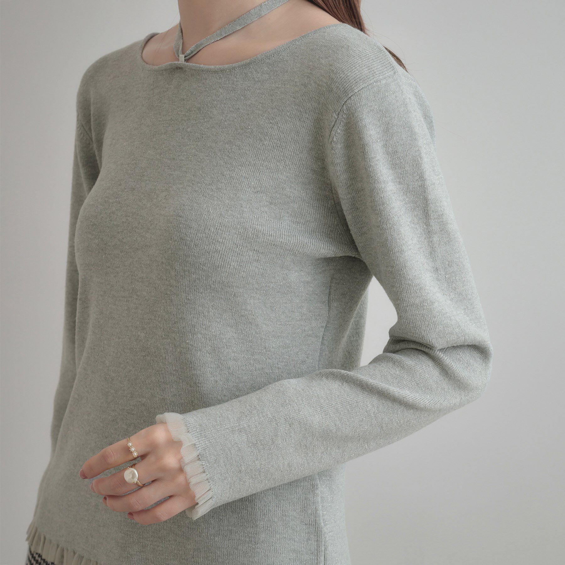 Couture broach「【大人可愛い・リボン取り外し可】前後2WAYラメリブ シアープチフリルニット」|ニット・セーター|