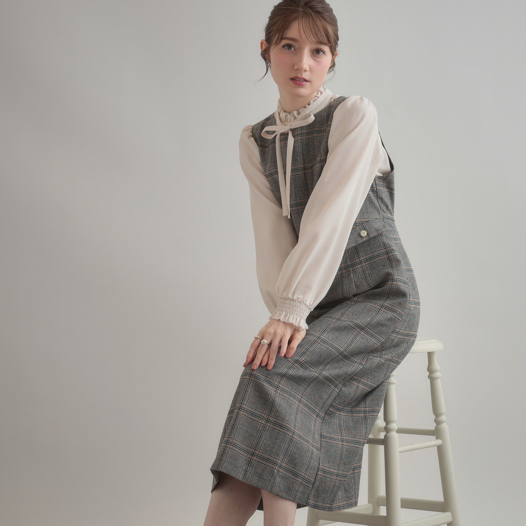 Couture broach「【美シルエット・大人可愛い・通勤】TRチェックジャンスカ」|ワンピース|ブラック(219)