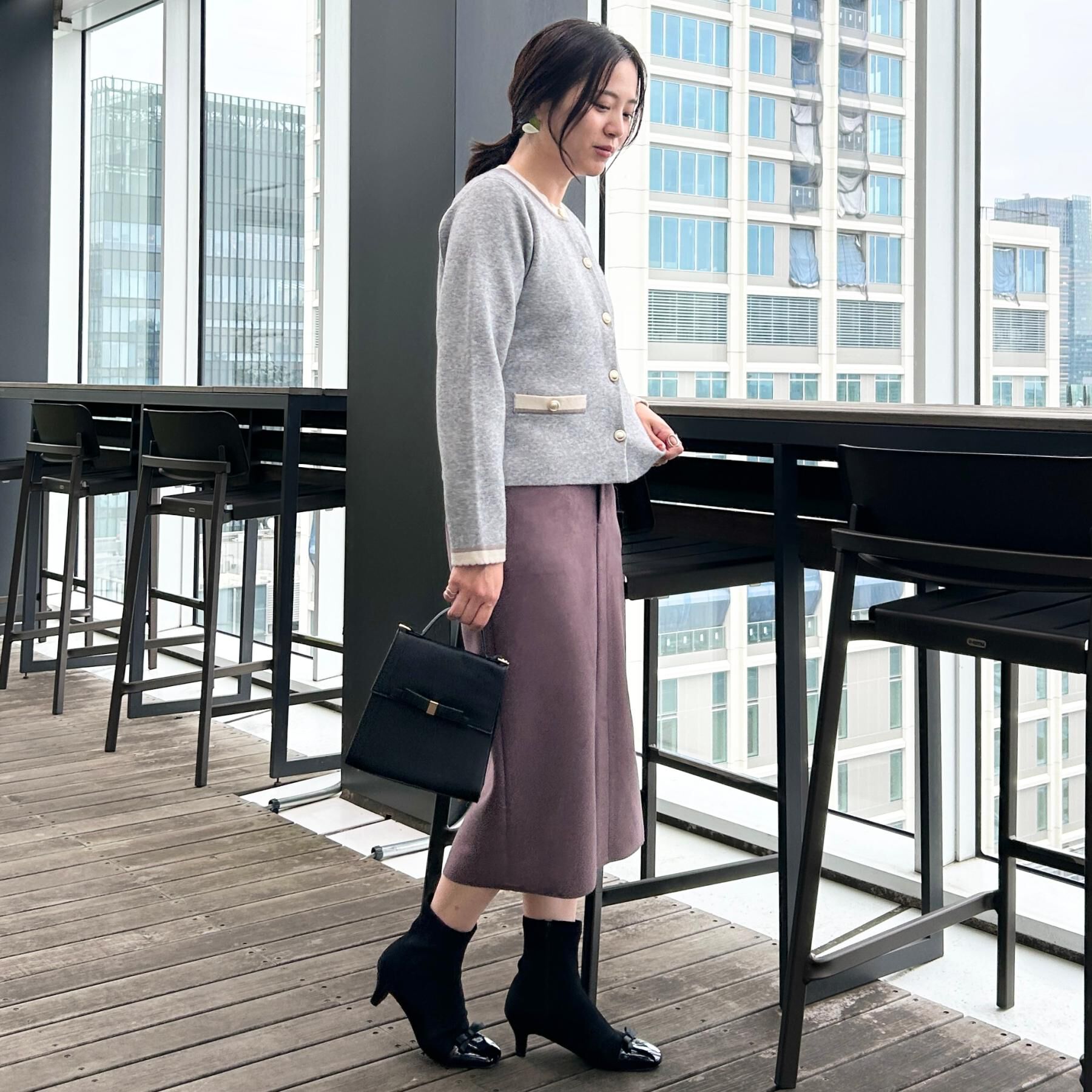 Couture broach「【通勤・大人上品】ムースタッチジャカード 配色スカラカーディ」|カーディガン|