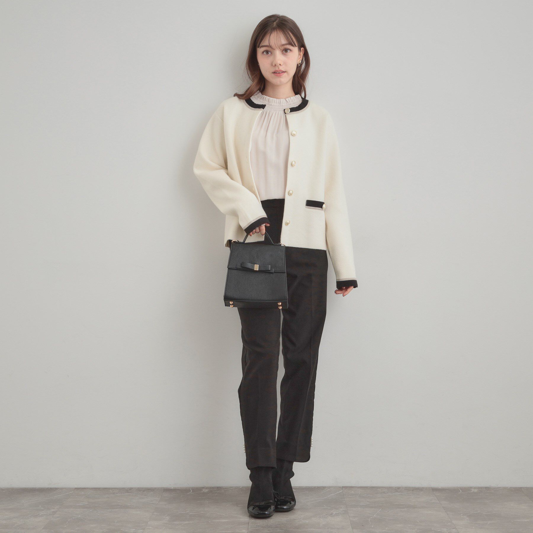 Couture broach「【通勤・大人上品】ムースタッチジャカード 配色スカラカーディ」|カーディガン|