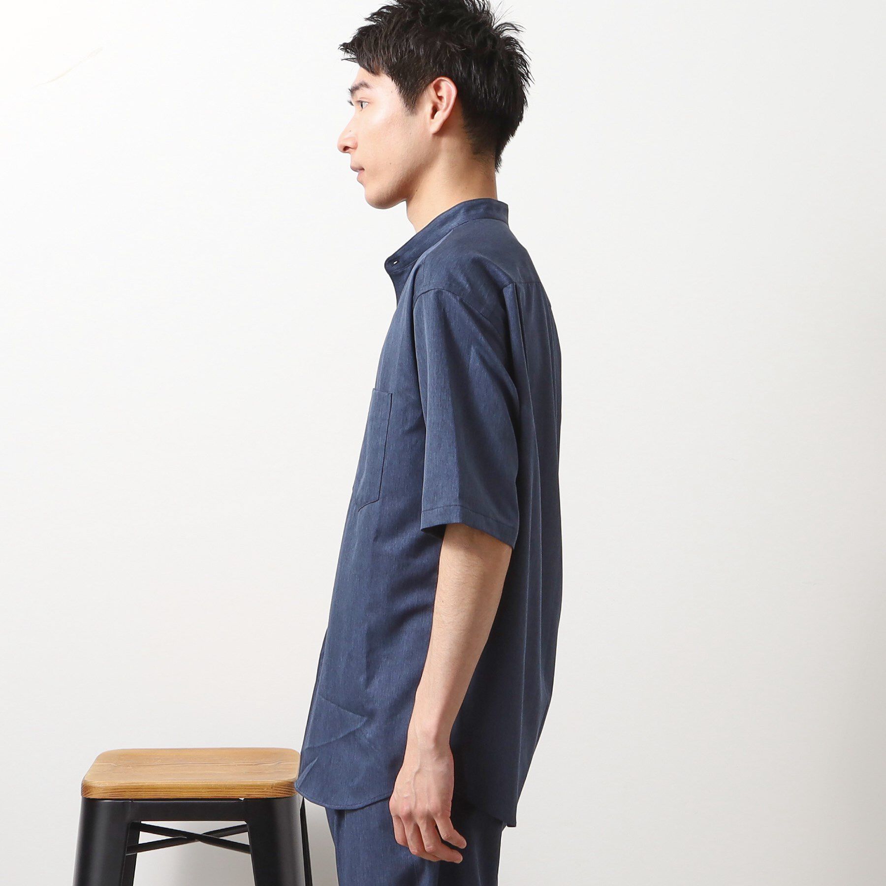 THE SHOP TK「クールファイバーバンドカラー半袖シャツ　接触冷感／吸水速乾／UVケア／軽量／セットアップ可」|シャツ・ブラウス|