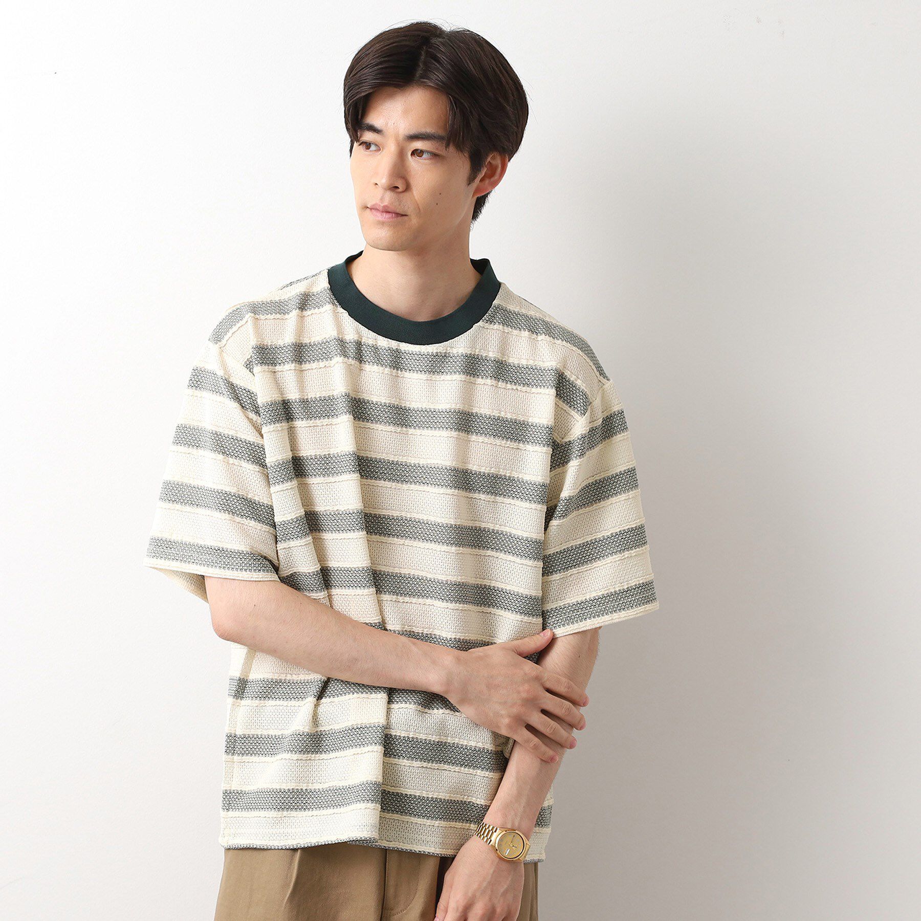 THE SHOP TK「変形ボーダー半袖Tシャツ【洗濯機OK】」|Tシャツ・カットソー|グリーン(324)