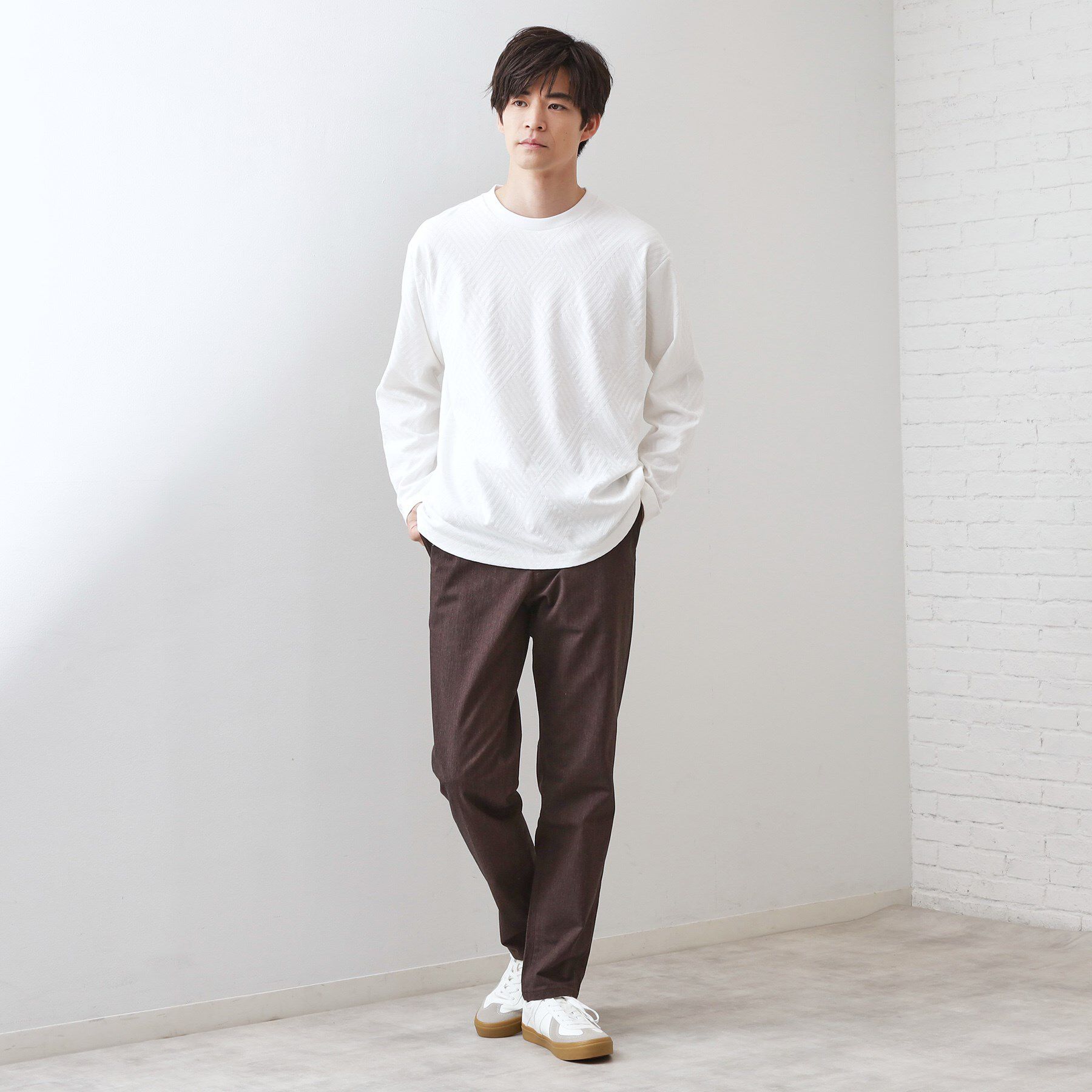 THE SHOP TK「リンクスジャカード長袖Tシャツ【サスティナブル素材使用/洗濯機OK】」|Tシャツ・カットソー|