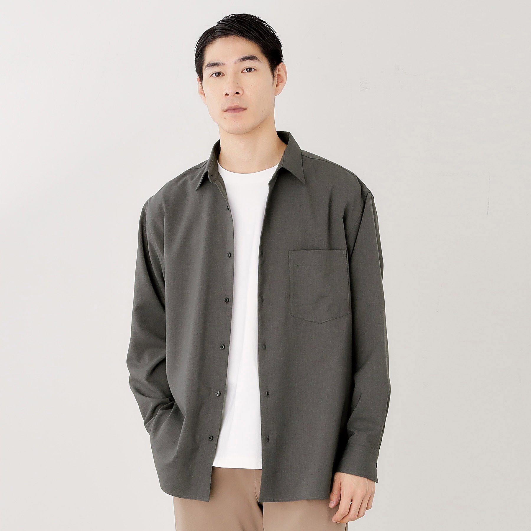 THE SHOP TK「TECLINO／テクリーノ 長袖オックスシャツ【洗濯機OK】」|シャツ・ブラウス|チャコールグレー(0