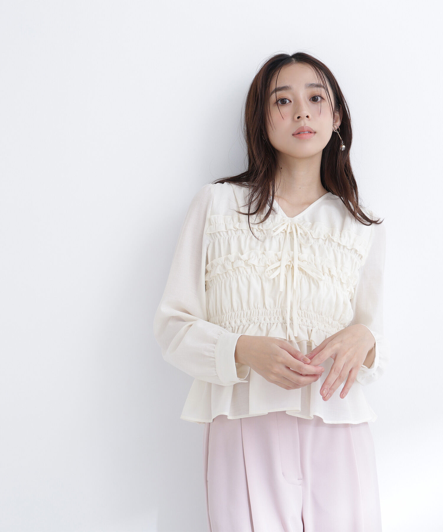  「フロントリボンペプラム楊柳ブラウス」|シャツ・ブラウス|