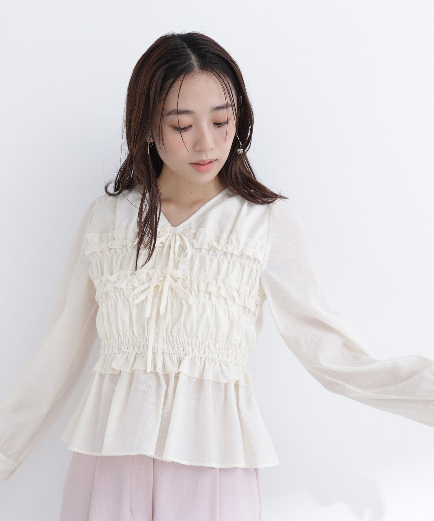  「フロントリボンペプラム楊柳ブラウス」|シャツ・ブラウス|