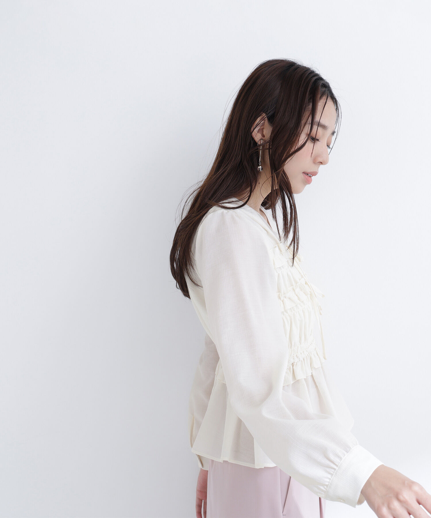  「フロントリボンペプラム楊柳ブラウス」|シャツ・ブラウス|