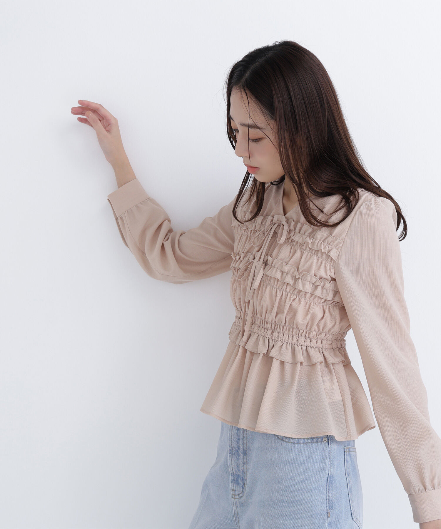  「フロントリボンペプラム楊柳ブラウス」|シャツ・ブラウス|