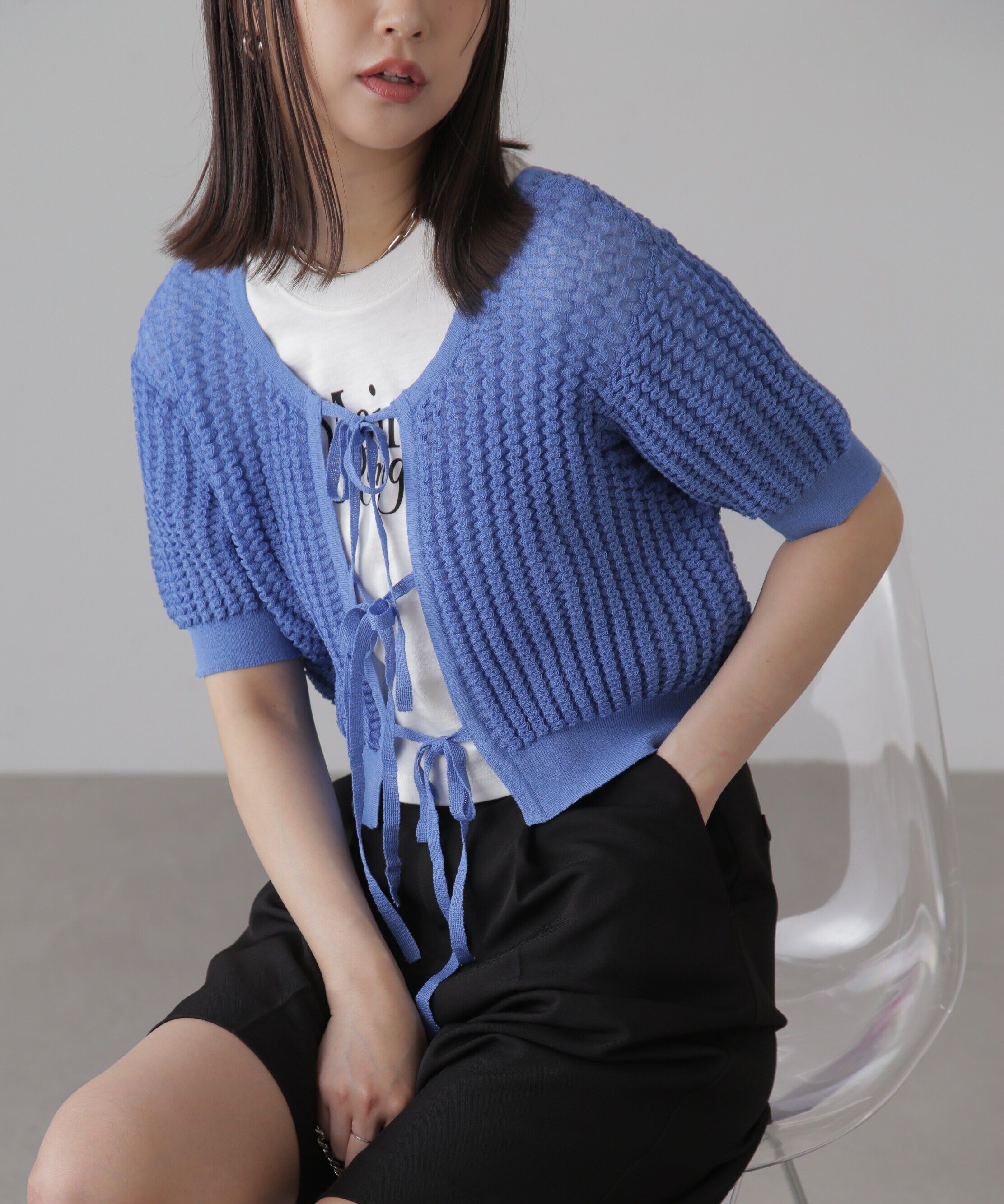  「ウェーブ柄2wayニットカーディガン」|ニット・セーター|ブルー