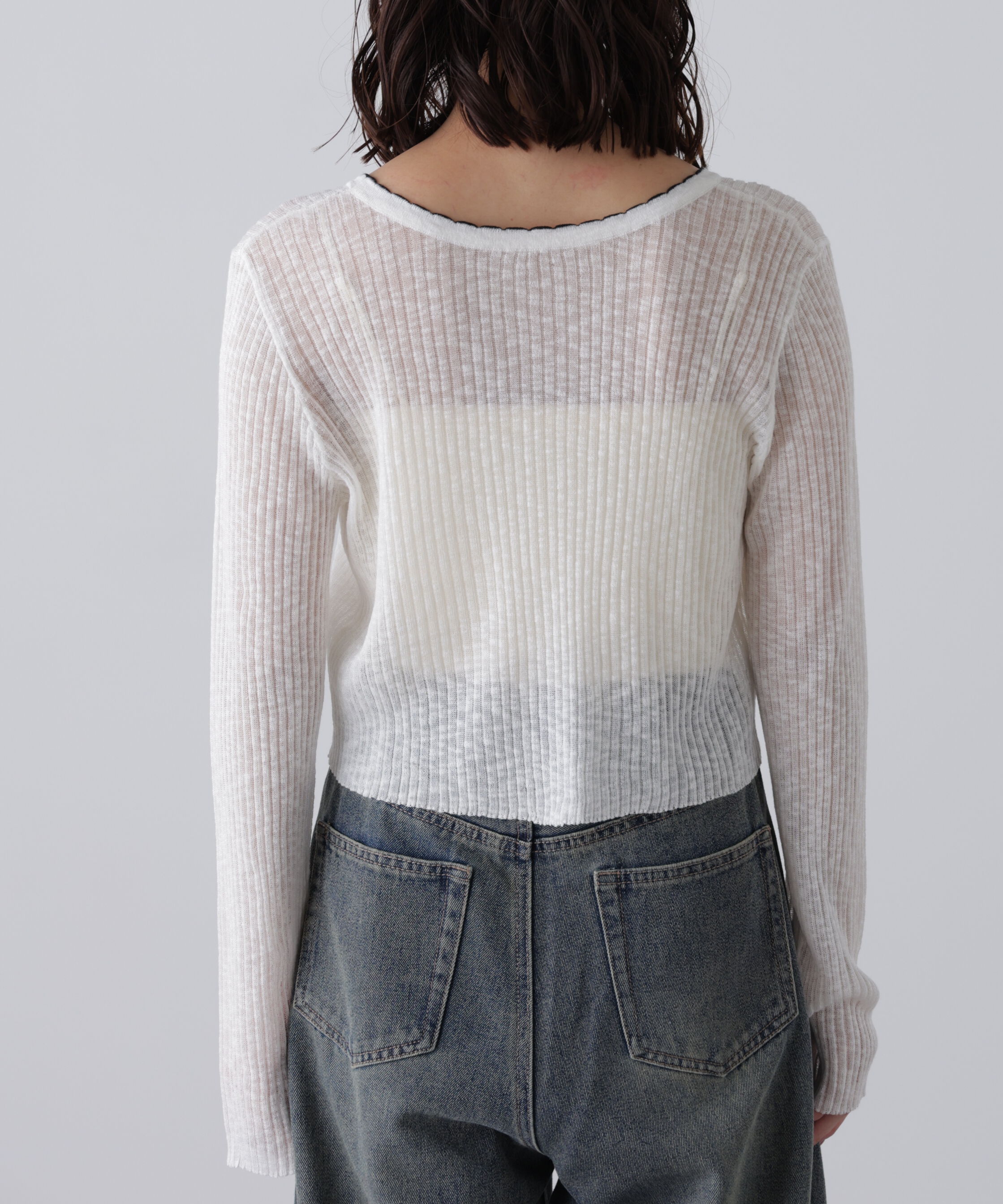  「配色ラインスカラップシアーリブカーディガン」|ニット・セーター|