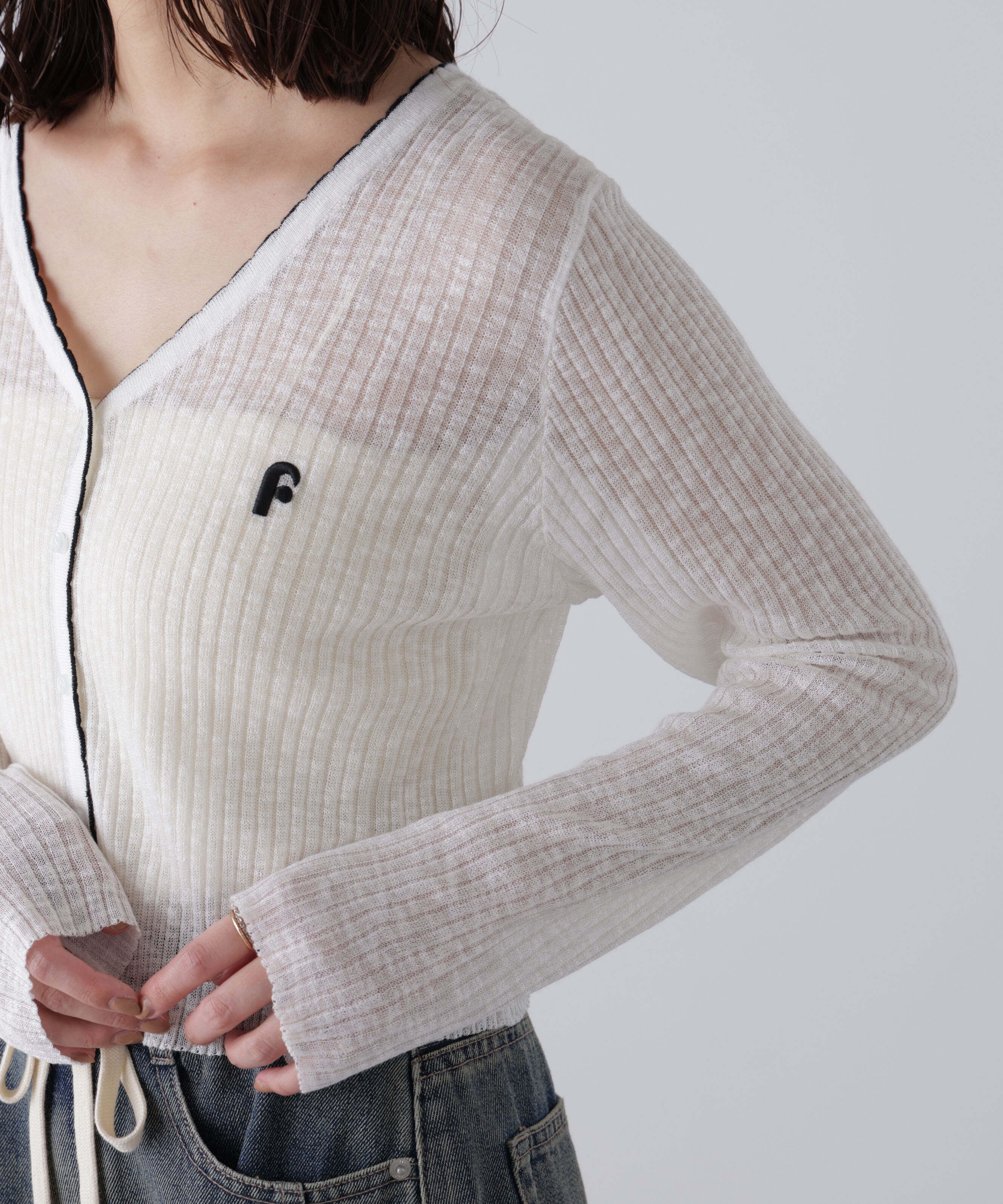  「配色ラインスカラップシアーリブカーディガン」|ニット・セーター|