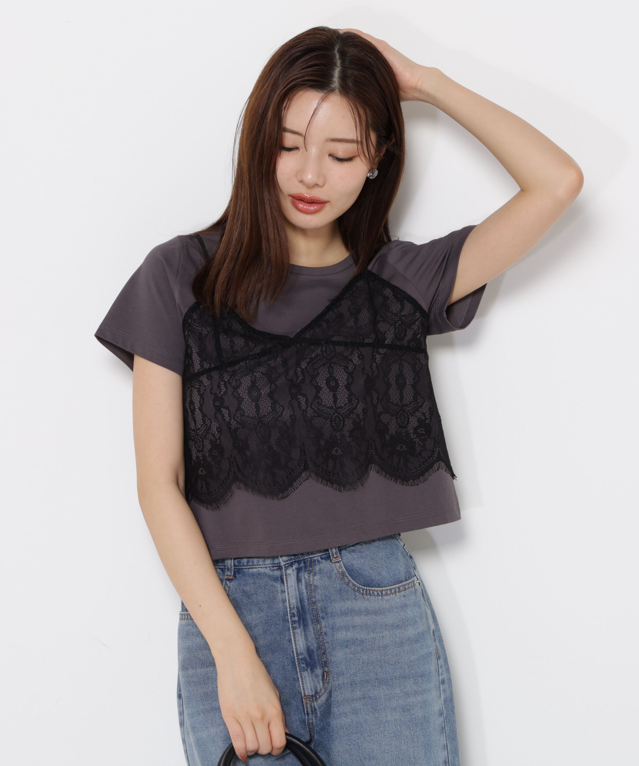 PROPORTION BODY DRESSING「レースキャミセットカットソー」|Tシャツ・カットソー|チャコール&times;  2