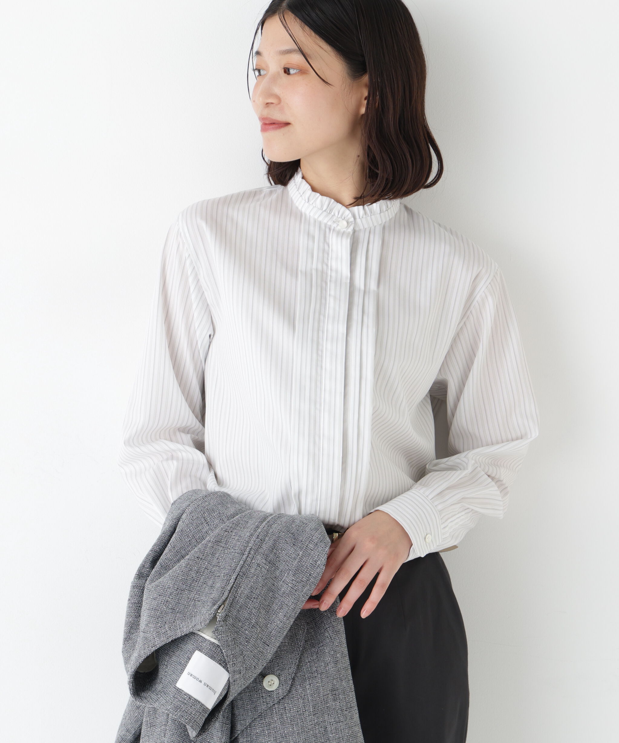  「◆《ウォッシャブル》先染めストライプスタンドフリルブラウス」|シャツ・ブラウス|