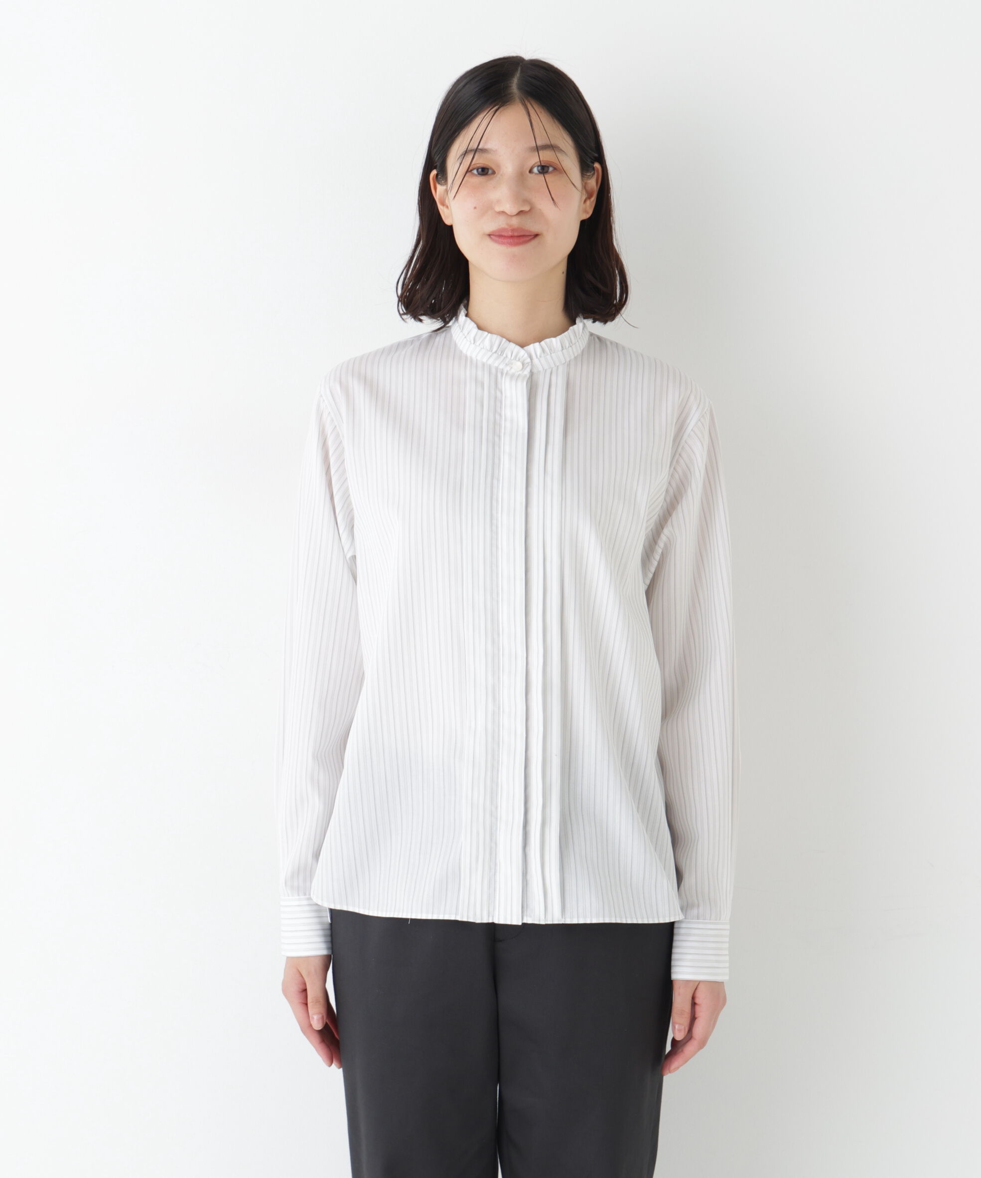  「◆《ウォッシャブル》先染めストライプスタンドフリルブラウス」|シャツ・ブラウス|