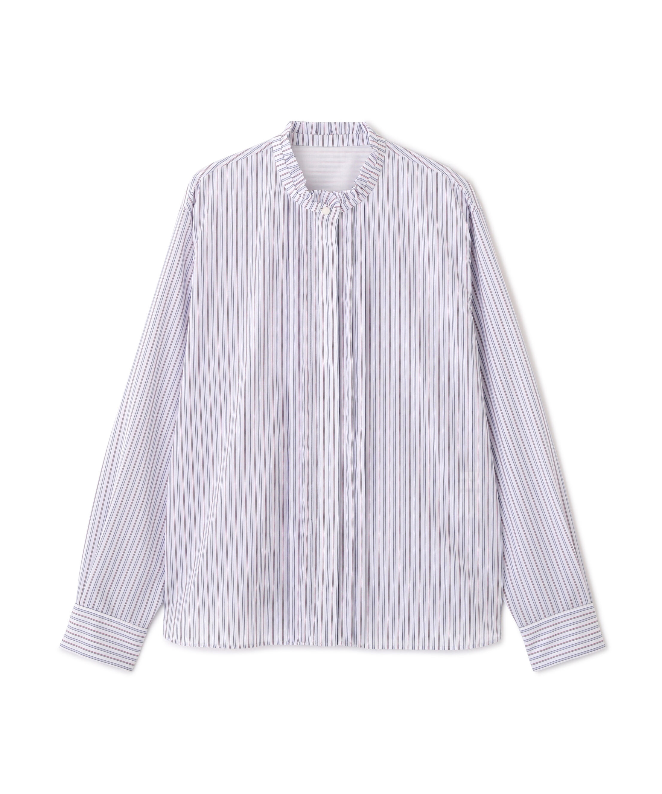  「◆《ウォッシャブル》先染めストライプスタンドフリルブラウス」|シャツ・ブラウス|